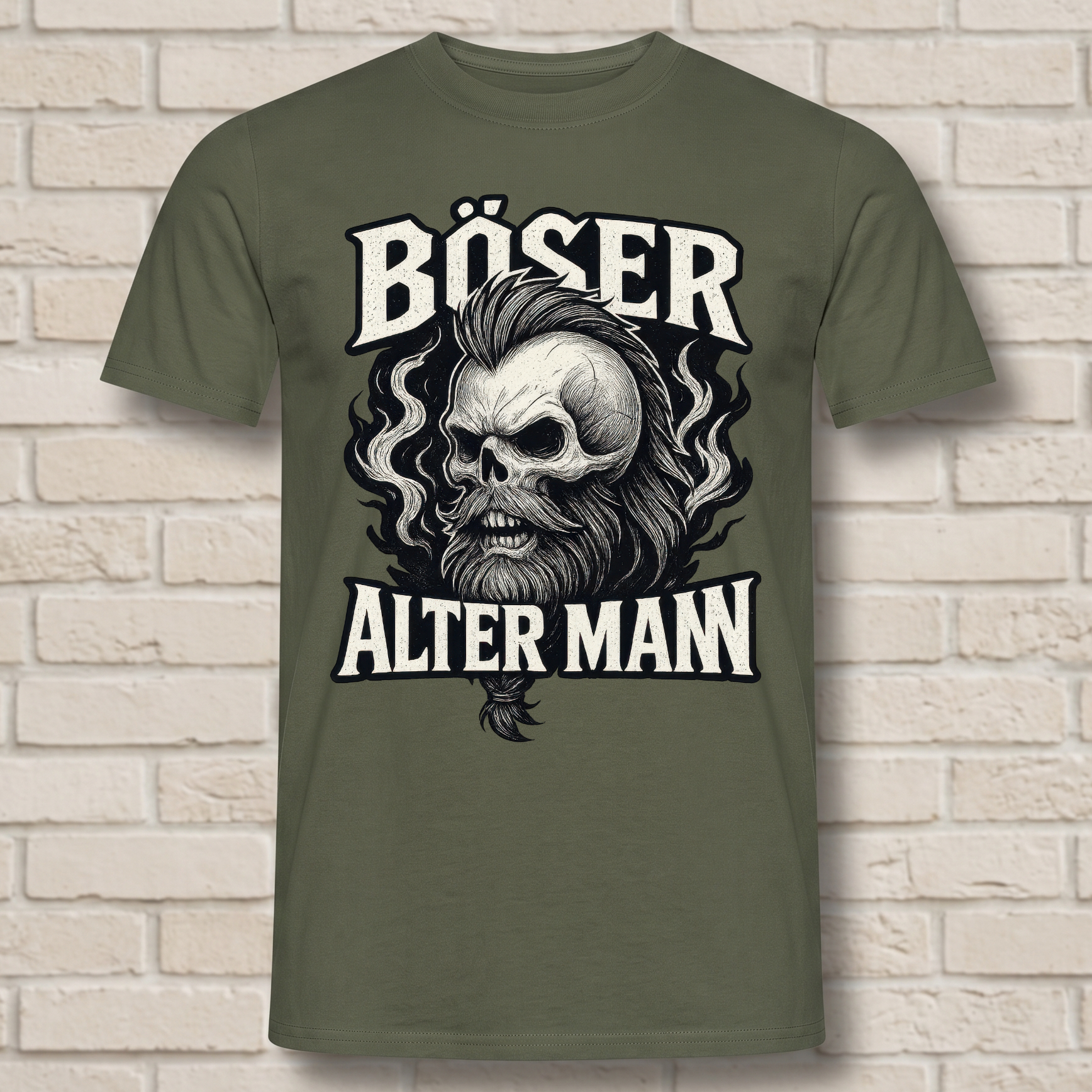 "Böser Alter Mann" T-Shirt mit Wikinger Totenkopf & Bart – Cooles Monochrom Biker Rocker Geschenk für Männer, Papa & Opa – Schwarz