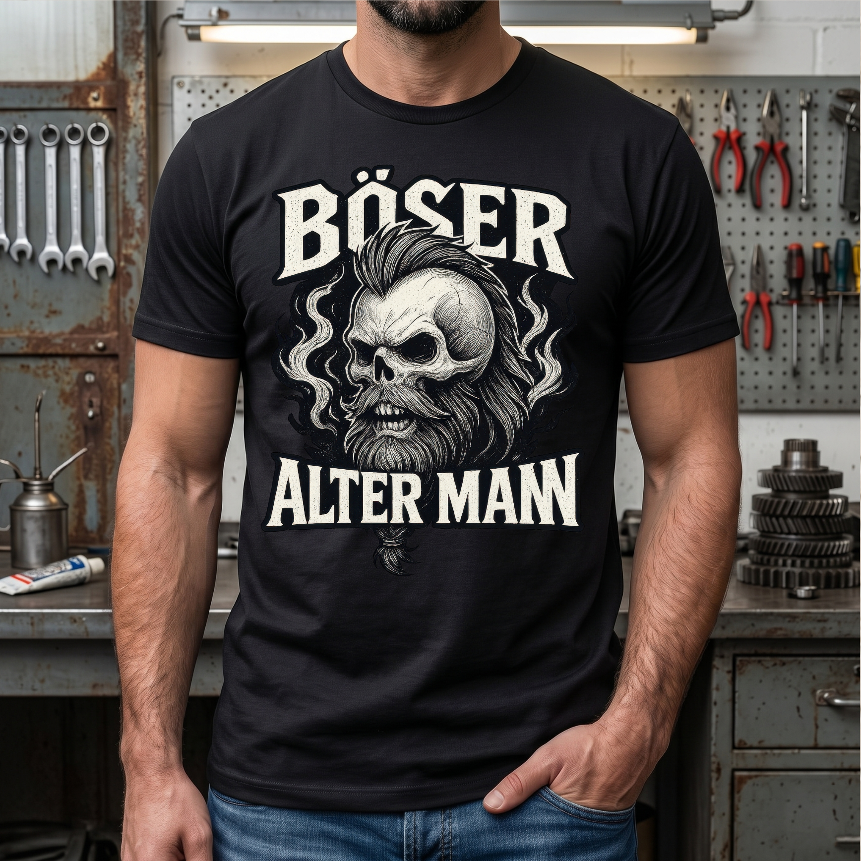 "Böser Alter Mann" T-Shirt mit Wikinger Totenkopf & Bart – Cooles Monochrom Biker Rocker Geschenk für Männer, Papa & Opa – Schwarz