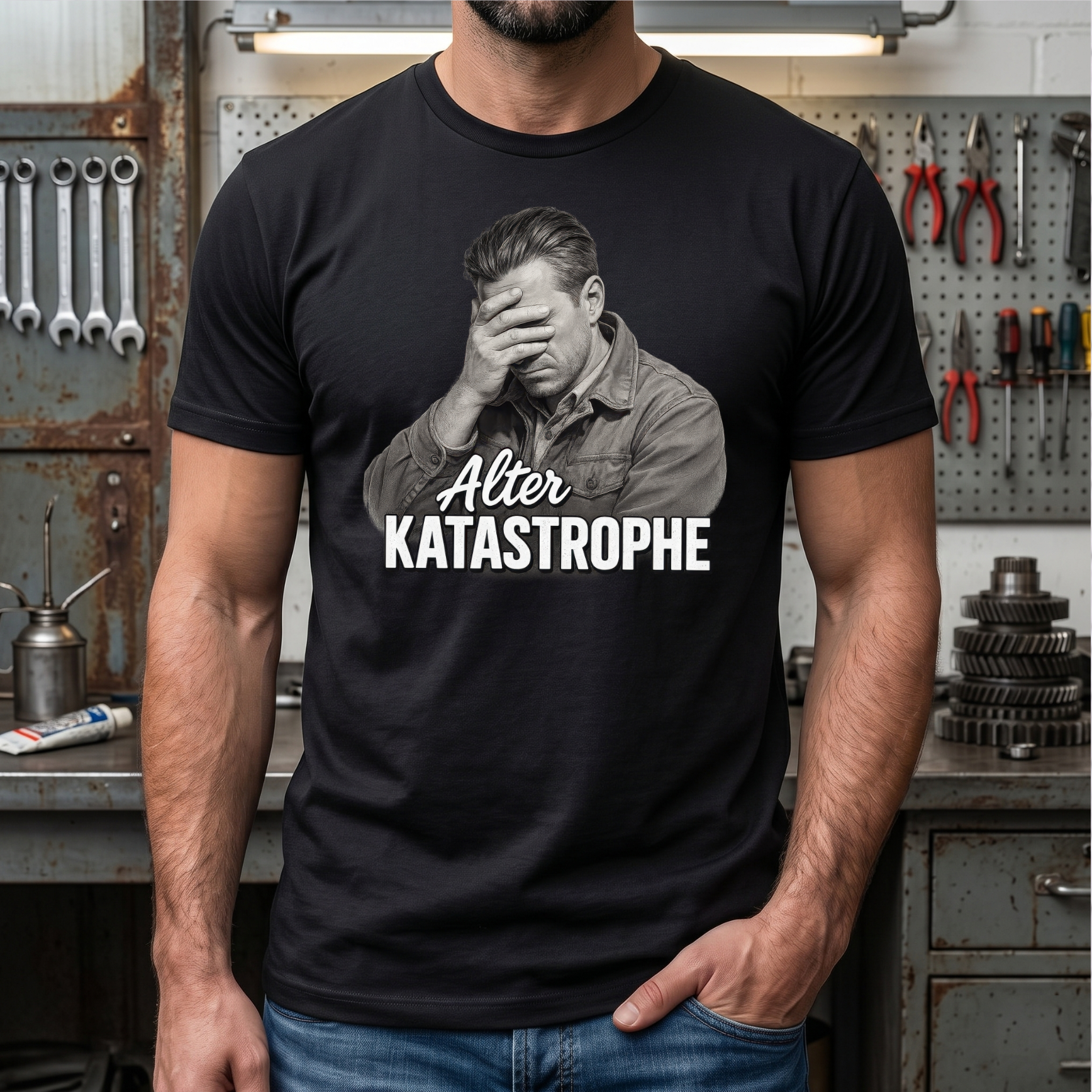 "Alter Katastrophe" Lustiges T-Shirt mit Facepalm-Motiv – Witziges Handwerker, Mechaniker & Alltags Funshirt für Männer – Schwarz