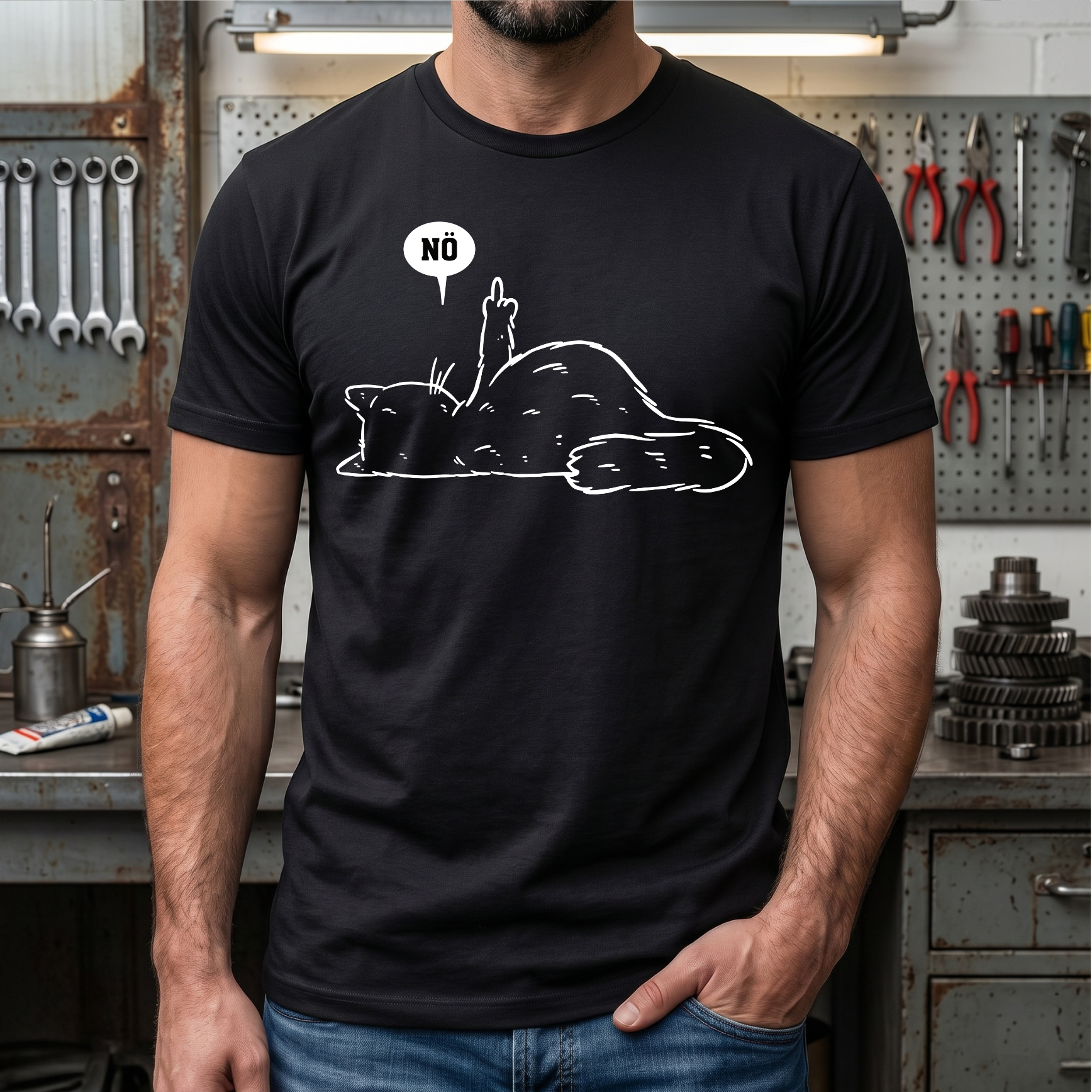 "Lazy Cat NÖ" Lustiges T-Shirt mit Katze & Mittelfinger – Witziges Funshirt für Introvertierte & Katzenfans – Minimalistisches Grafikshirt Schwarz