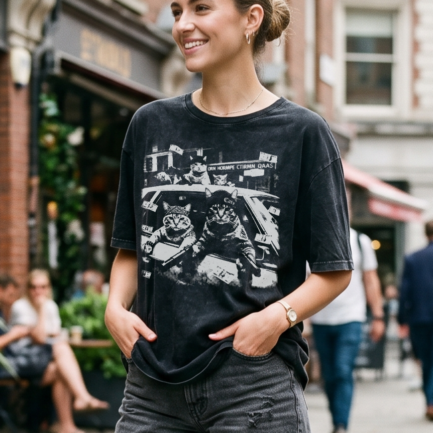Vintage Cat Gang T-Shirt – Mineral Washed Streetwear Shirt mit Katzen-Gangster Print