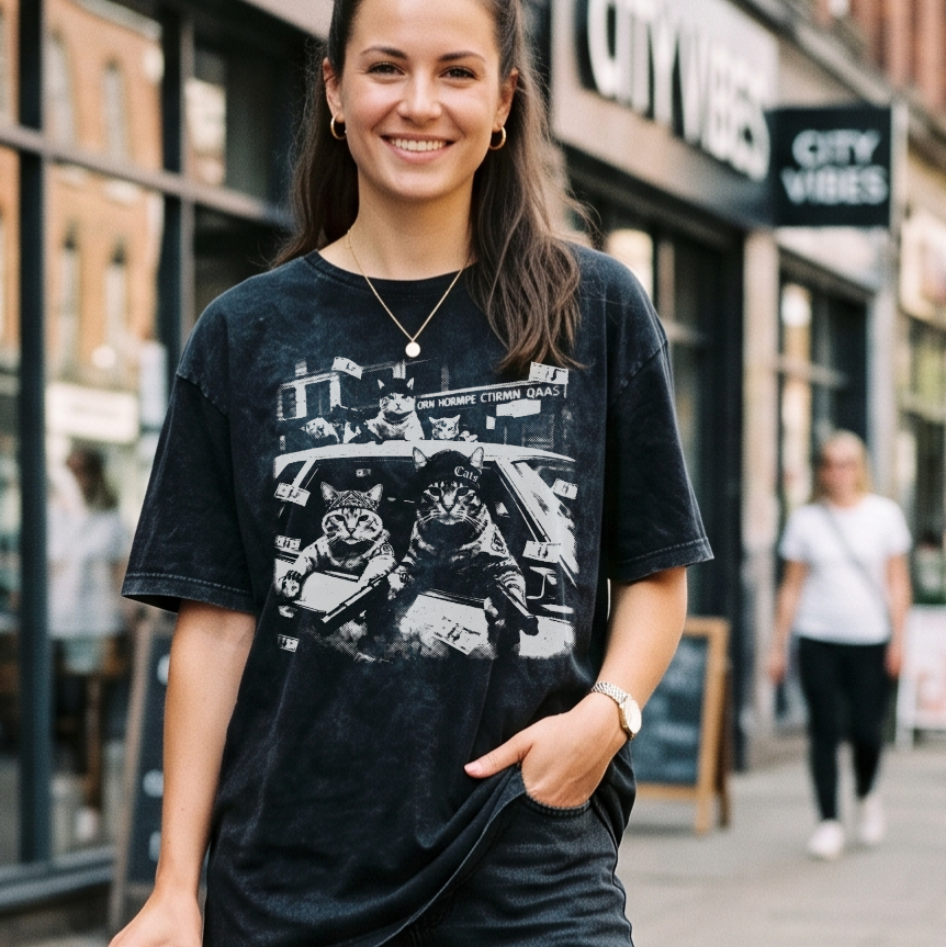 Vintage Cat Gang T-Shirt – Mineral Washed Streetwear Shirt mit Katzen-Gangster Print