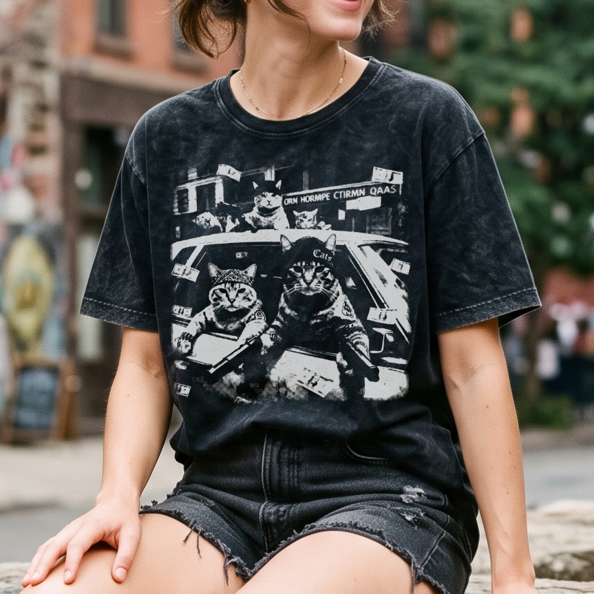 Vintage Cat Gang T-Shirt – Mineral Washed Streetwear Shirt mit Katzen-Gangster Print