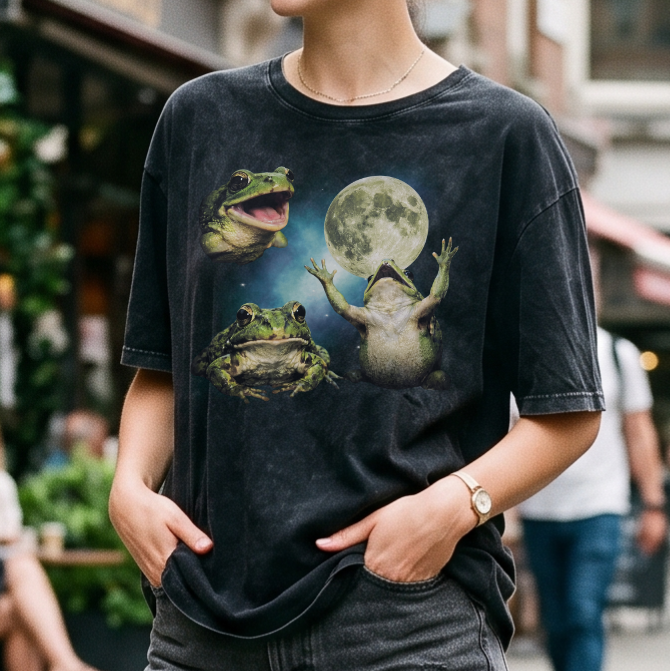 Three Frog Moon T-Shirt – Vintage Mineral Washed Shirt mit Frosch & Vollmond Graphic Print