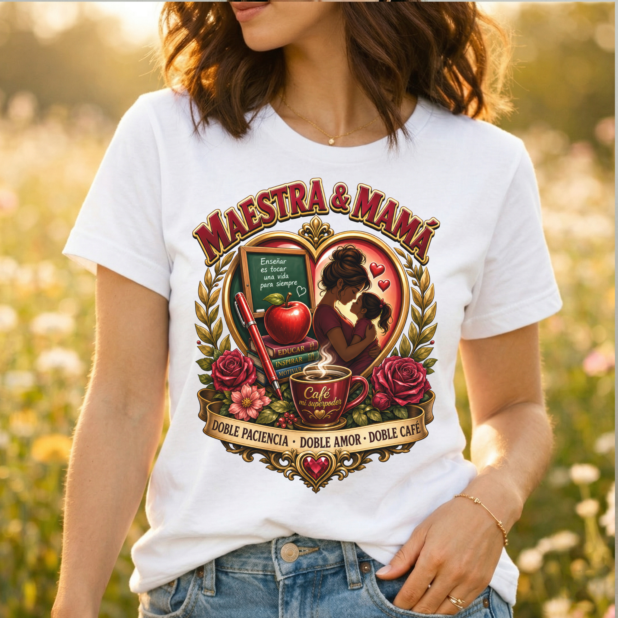 "Maestra & Mamá" Damen T-Shirt – Spanisches Geschenk für Lehrerin & Mama – "Doble Paciencia, Doble Amor, Doble Café" Oberteil – Weiß