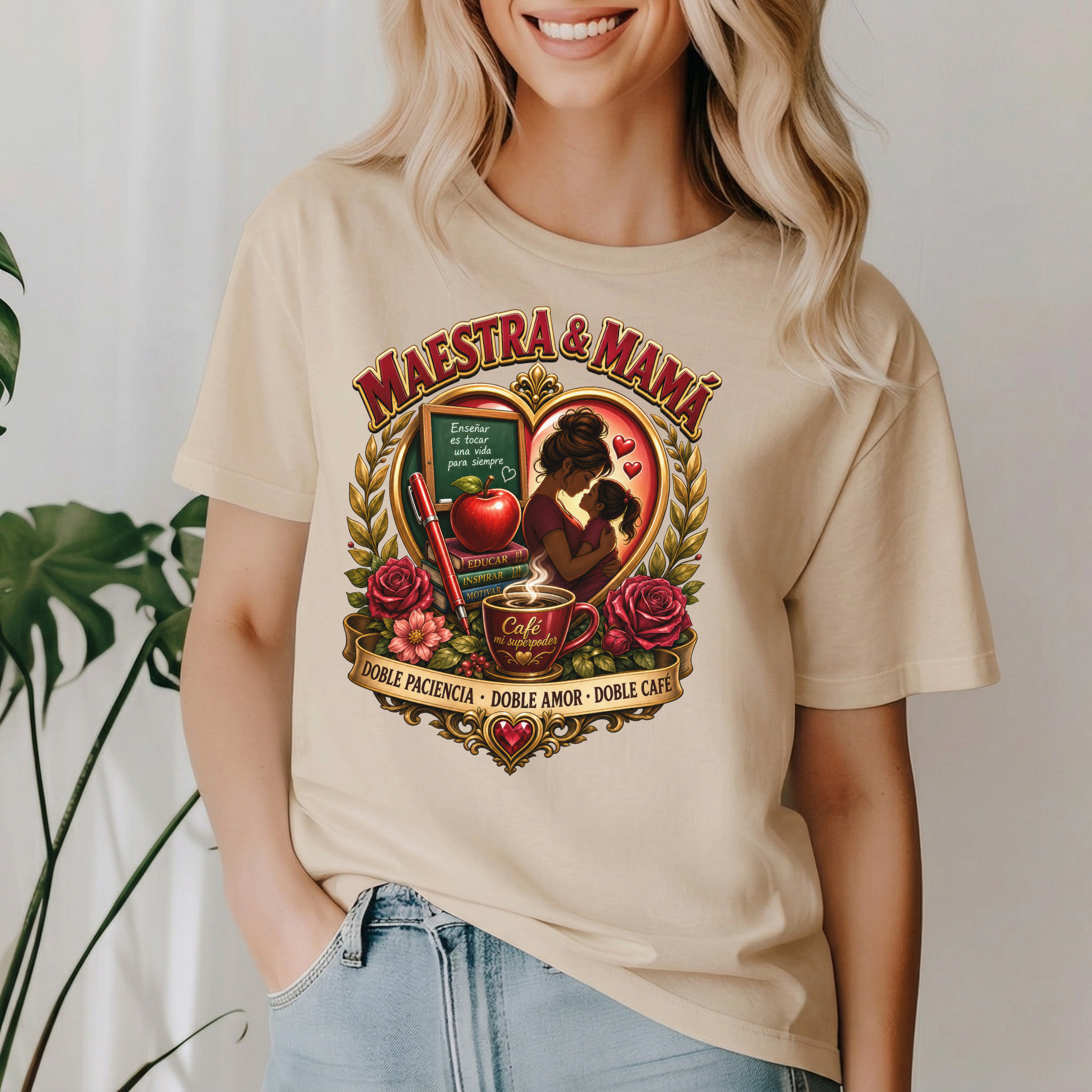 "Maestra & Mamá" Damen T-Shirt – Spanisches Geschenk für Lehrerin & Mama – "Doble Paciencia, Doble Amor, Doble Café" Oberteil – Weiß