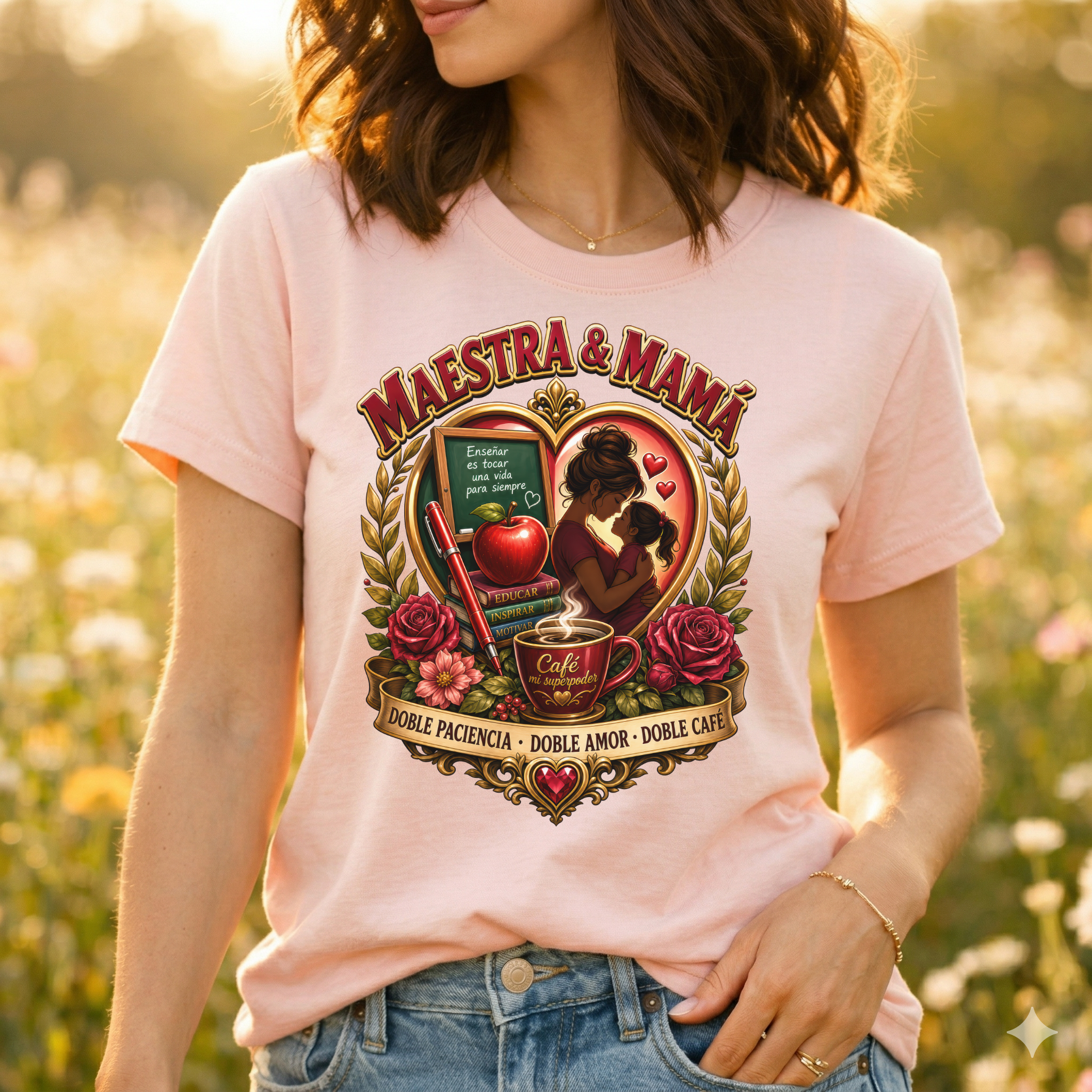 "Maestra & Mamá" Damen T-Shirt – Spanisches Geschenk für Lehrerin & Mama – "Doble Paciencia, Doble Amor, Doble Café" Oberteil – Weiß