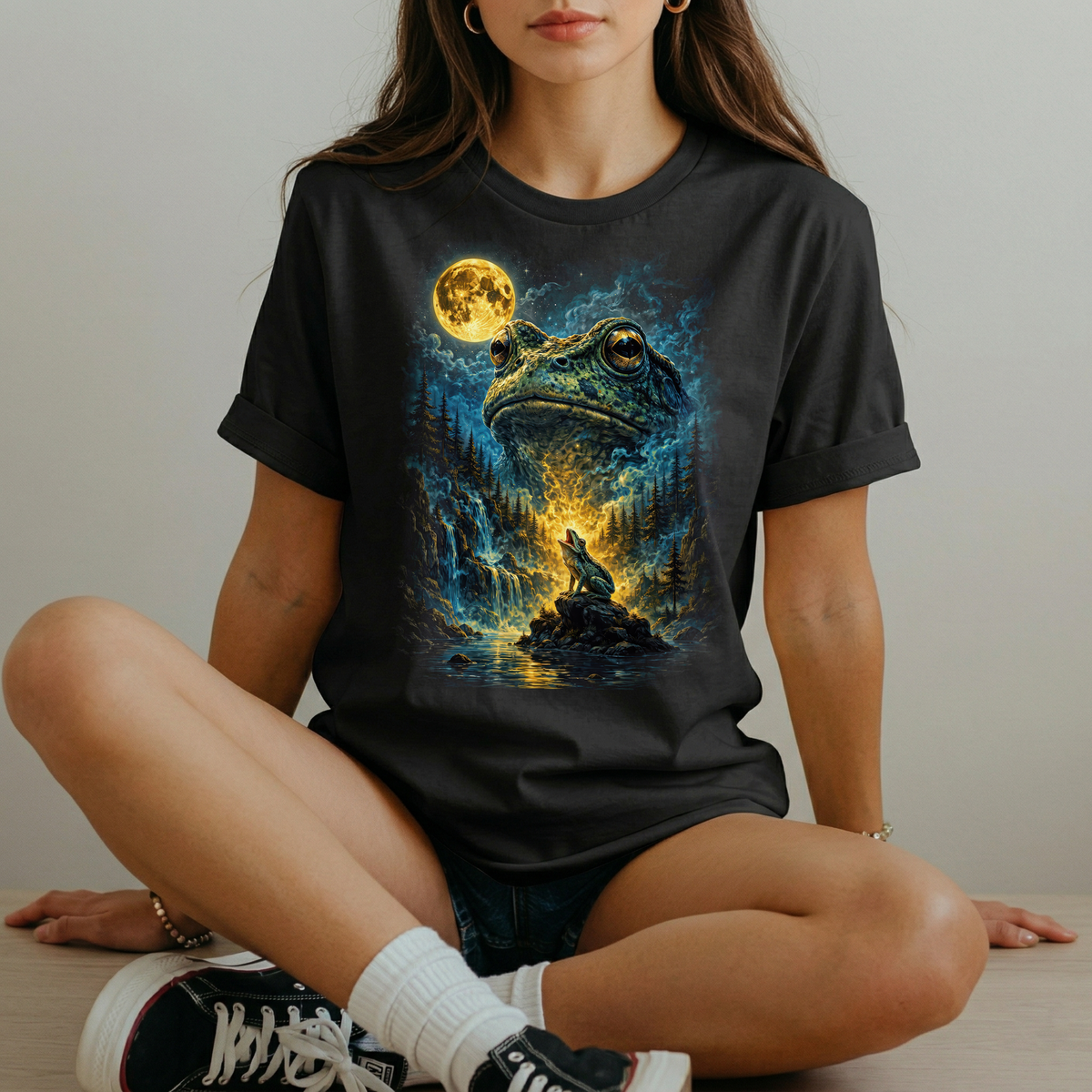 Heulender Frosch am Vollmond Fantasy T-Shirt – Lustiges Three Wolf Moon Parodie Shirt mit Frosch & Natur-Magie