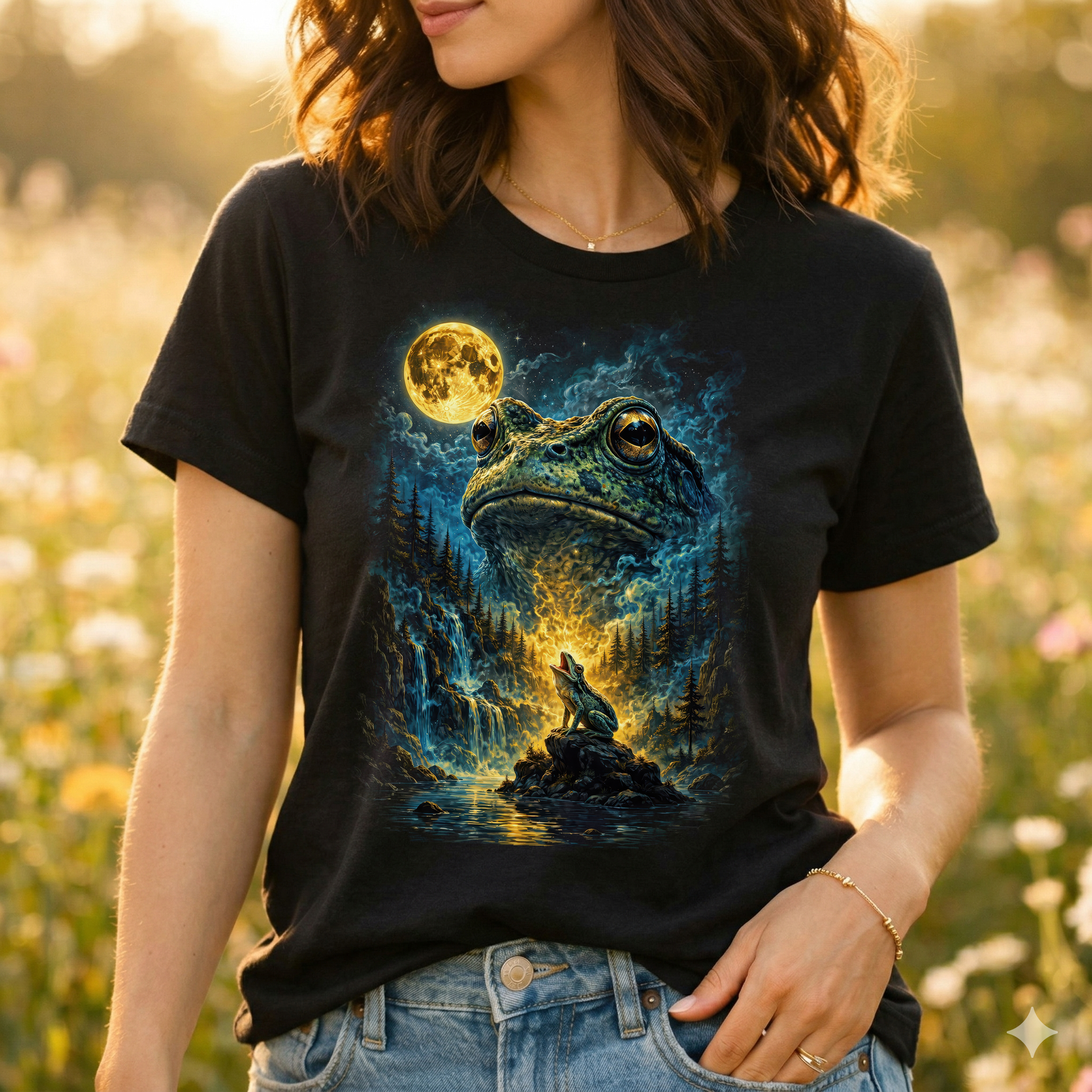 Heulender Frosch am Vollmond Fantasy T-Shirt – Lustiges Three Wolf Moon Parodie Shirt mit Frosch & Natur-Magie