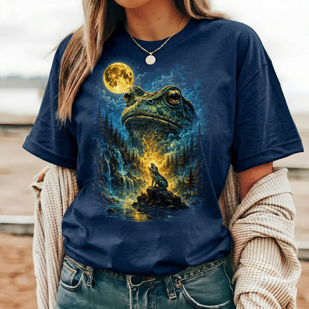 Heulender Frosch am Vollmond Fantasy T-Shirt – Lustiges Three Wolf Moon Parodie Shirt mit Frosch & Natur-Magie