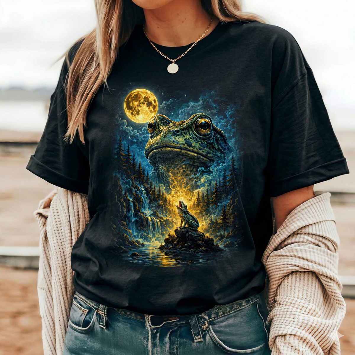 Heulender Frosch am Vollmond Fantasy T-Shirt – Lustiges Three Wolf Moon Parodie Shirt mit Frosch & Natur-Magie