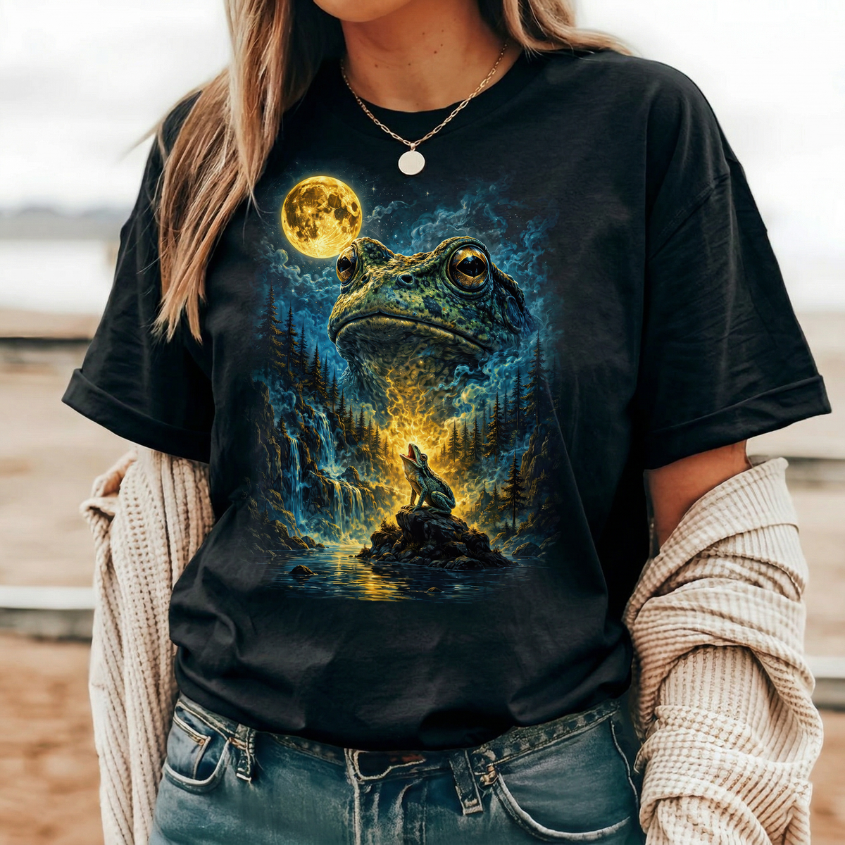 Heulender Frosch am Vollmond Fantasy T-Shirt – Lustiges Three Wolf Moon Parodie Shirt mit Frosch & Natur-Magie