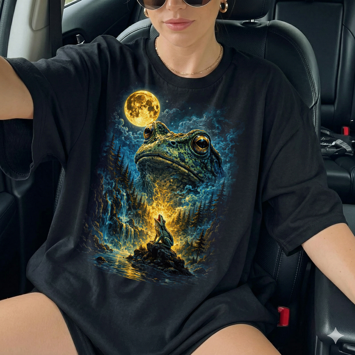 Heulender Frosch am Vollmond Fantasy T-Shirt – Lustiges Three Wolf Moon Parodie Shirt mit Frosch & Natur-Magie