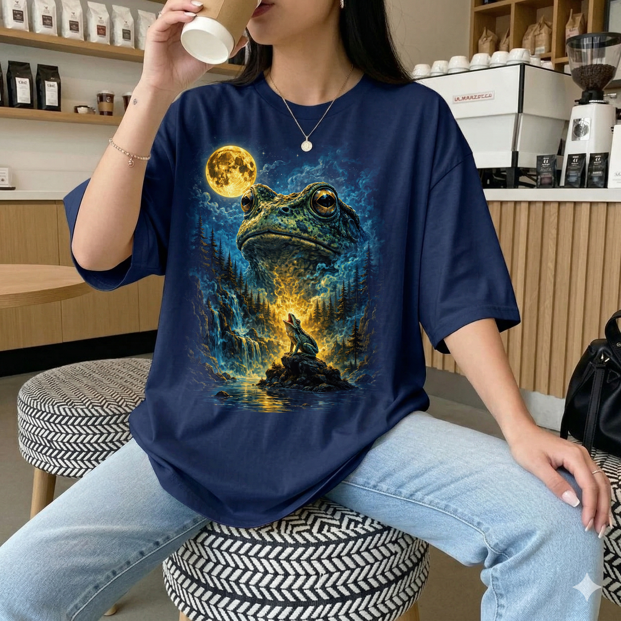 Heulender Frosch am Vollmond Fantasy T-Shirt – Lustiges Three Wolf Moon Parodie Shirt mit Frosch & Natur-Magie