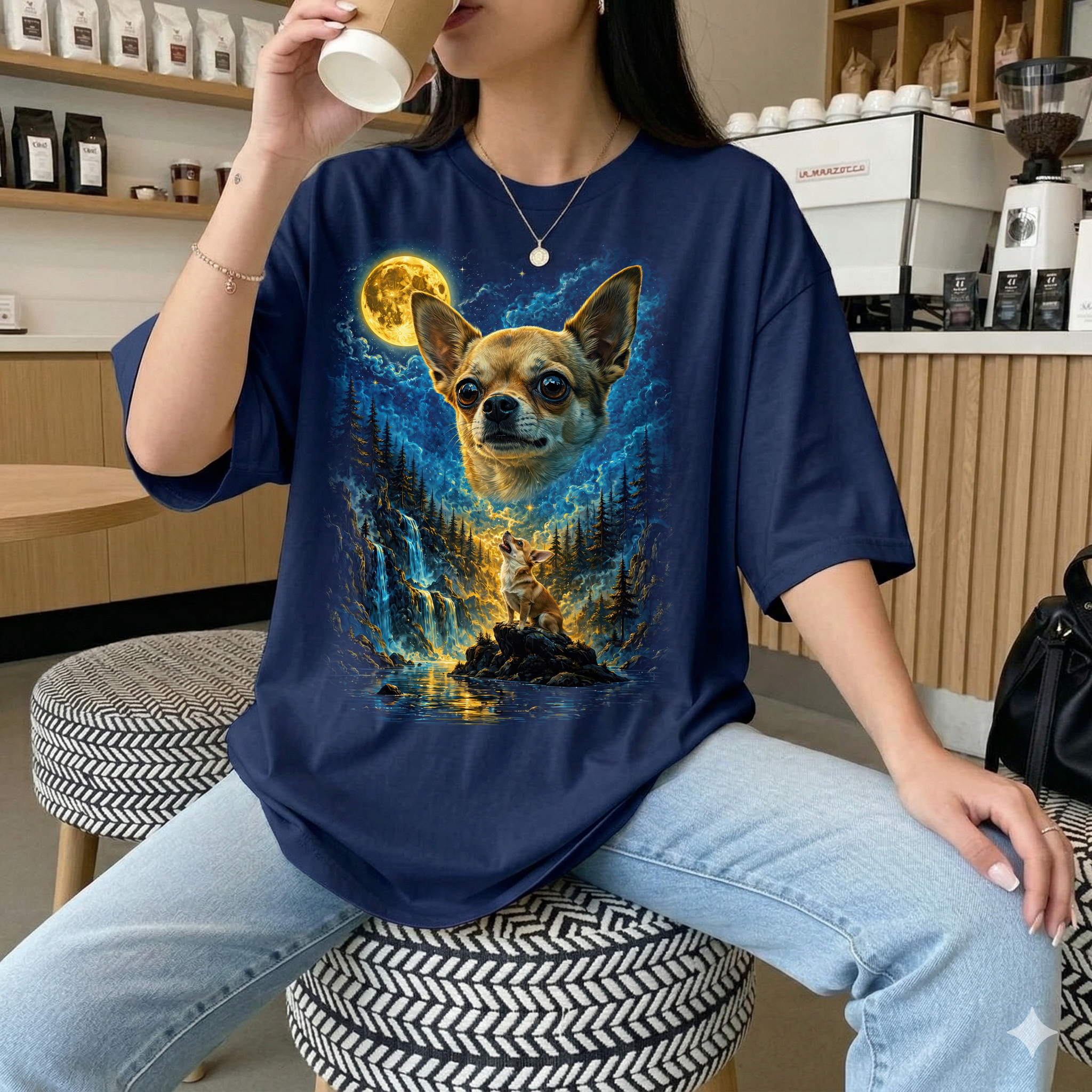 Chihuahua Mond T-Shirt Damen | Fantasy Mystisches Heult den Mond an Shirt