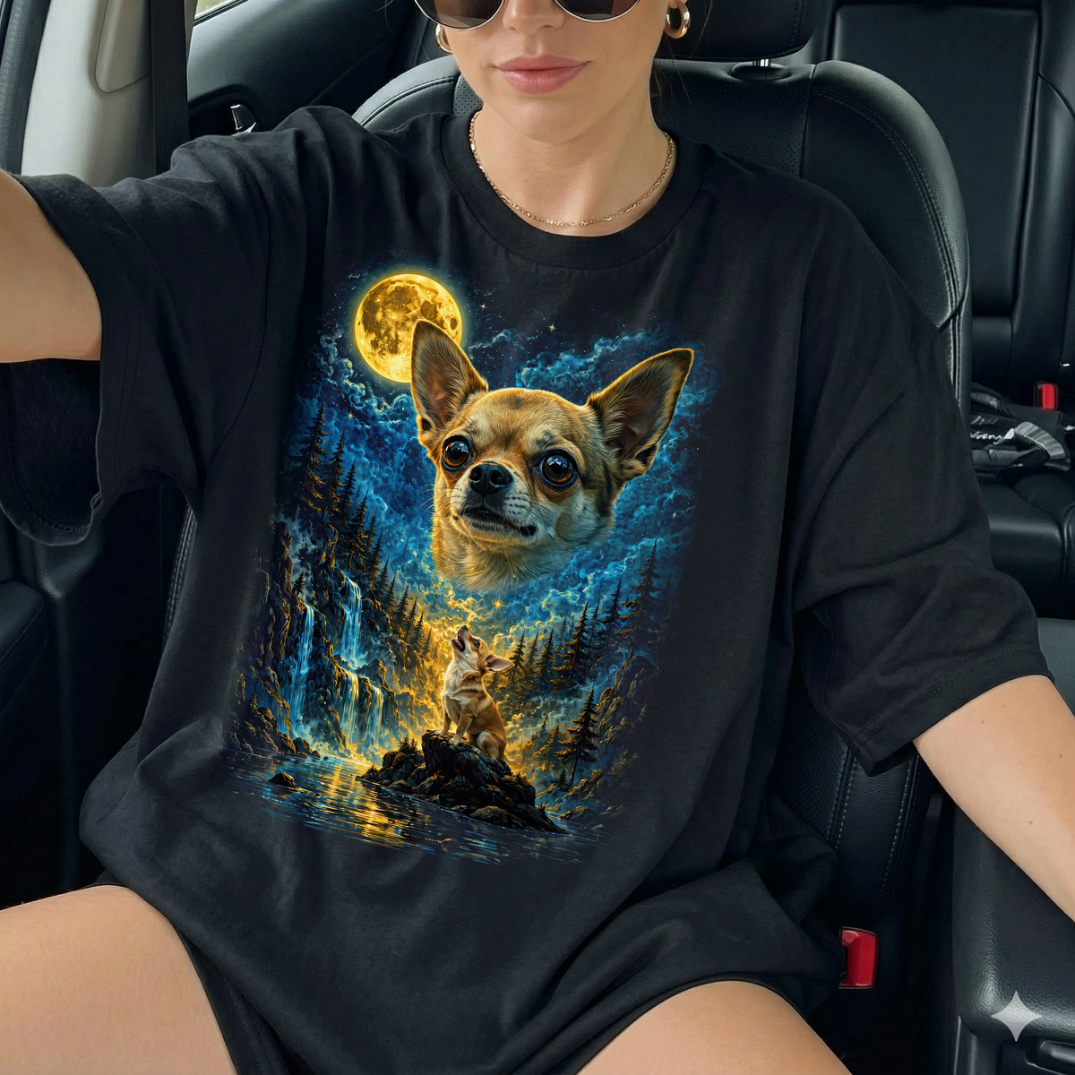 Chihuahua Mond T-Shirt Damen | Fantasy Mystisches Heult den Mond an Shirt
