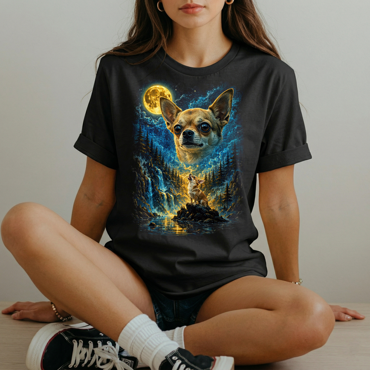 Chihuahua Mond T-Shirt Damen | Fantasy Mystisches Heult den Mond an Shirt