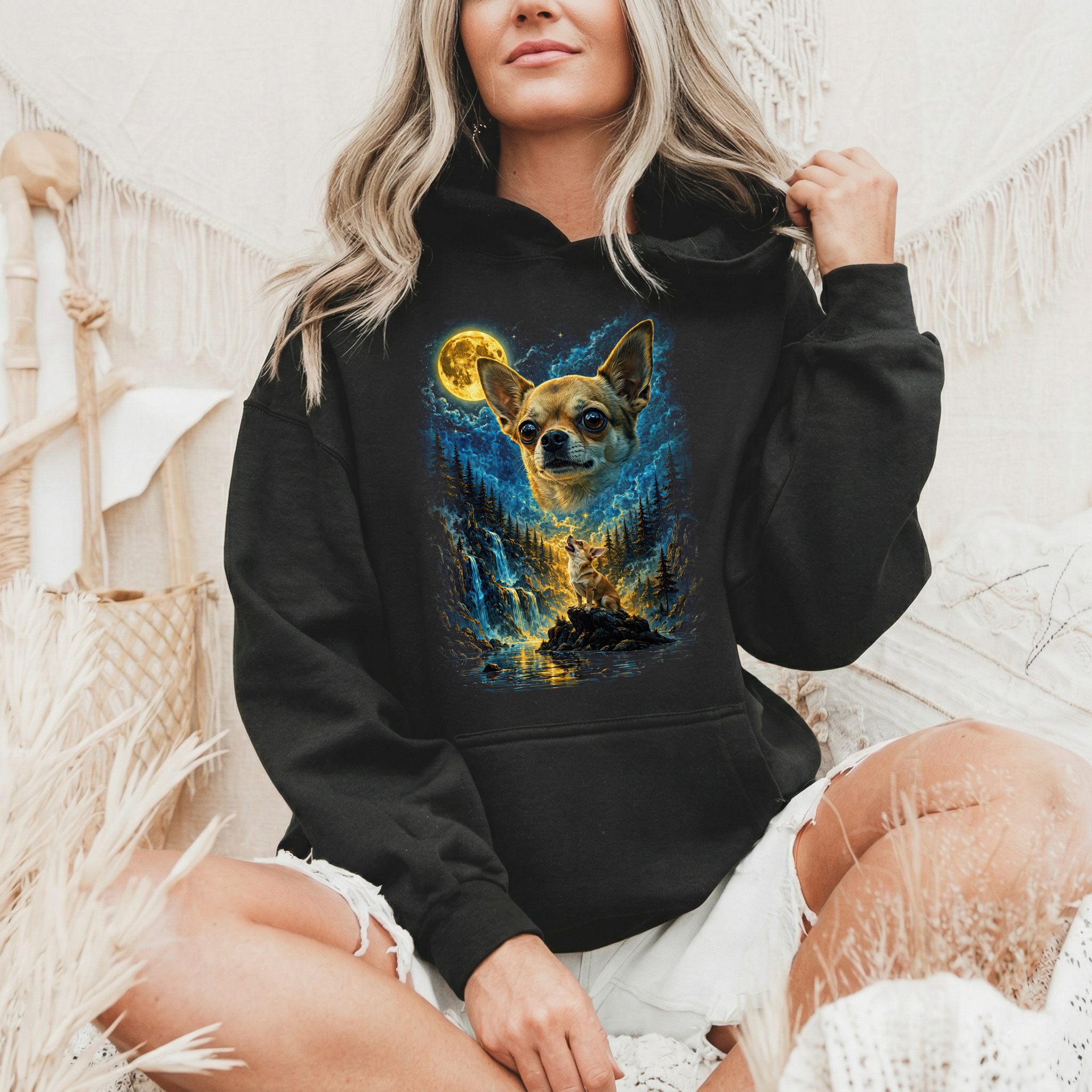 Chihuahua Mond T-Shirt Damen | Fantasy Mystisches Heult den Mond an Shirt