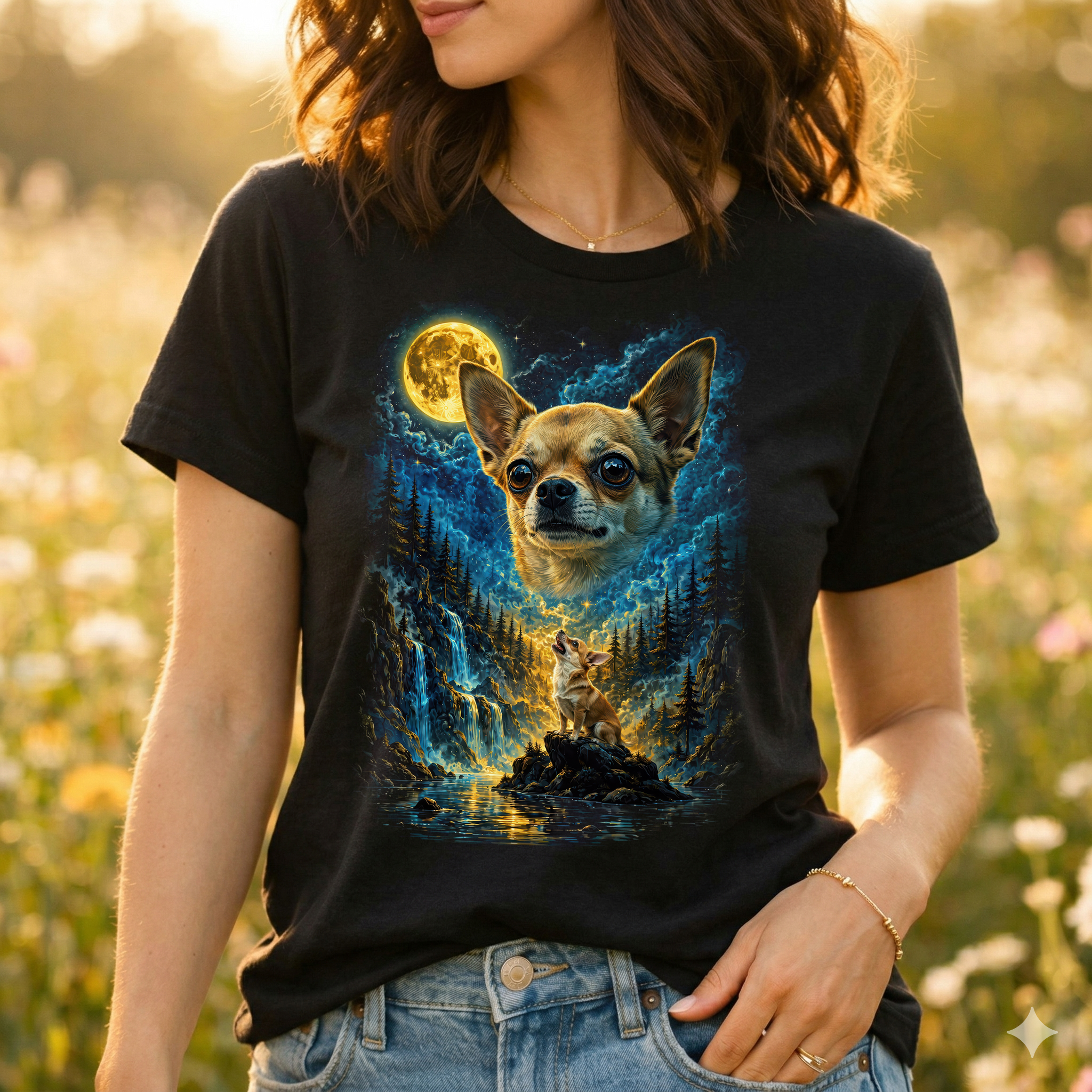 Chihuahua Mond T-Shirt Damen | Fantasy Mystisches Heult den Mond an Shirt