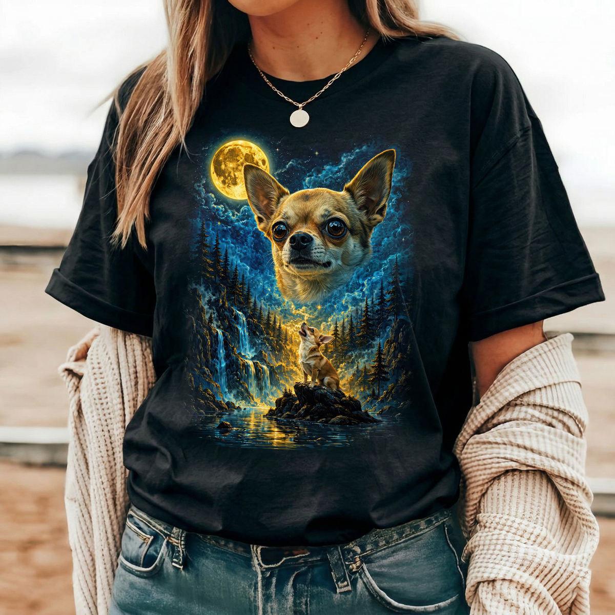 Chihuahua Mond T-Shirt Damen | Fantasy Mystisches Heult den Mond an Shirt