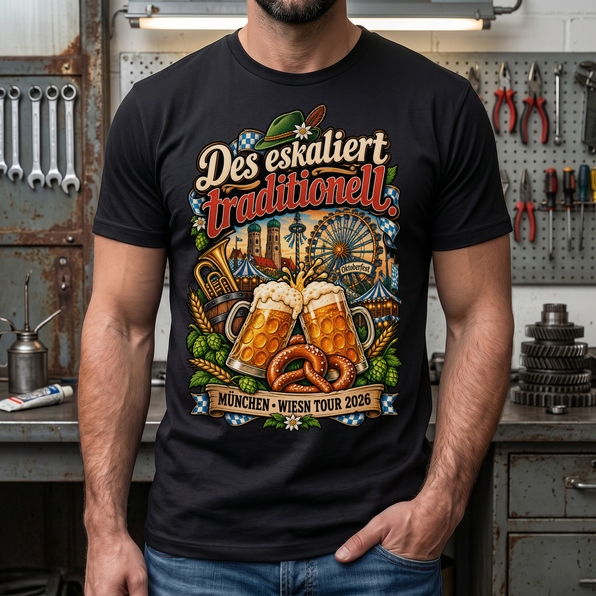 Oktoberfest T-Shirt Herren Des eskaliert traditionell München Wiesn Tour 2026 Bier Maß Brezn Geschenk