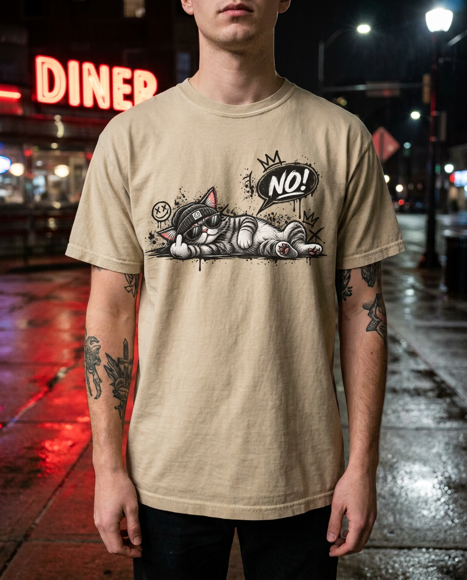Lustiges Katzen T-Shirt Damen Herren NO! Katze Mittelfinger Graffiti Streetwear Funshirt mit Sonnenbrille