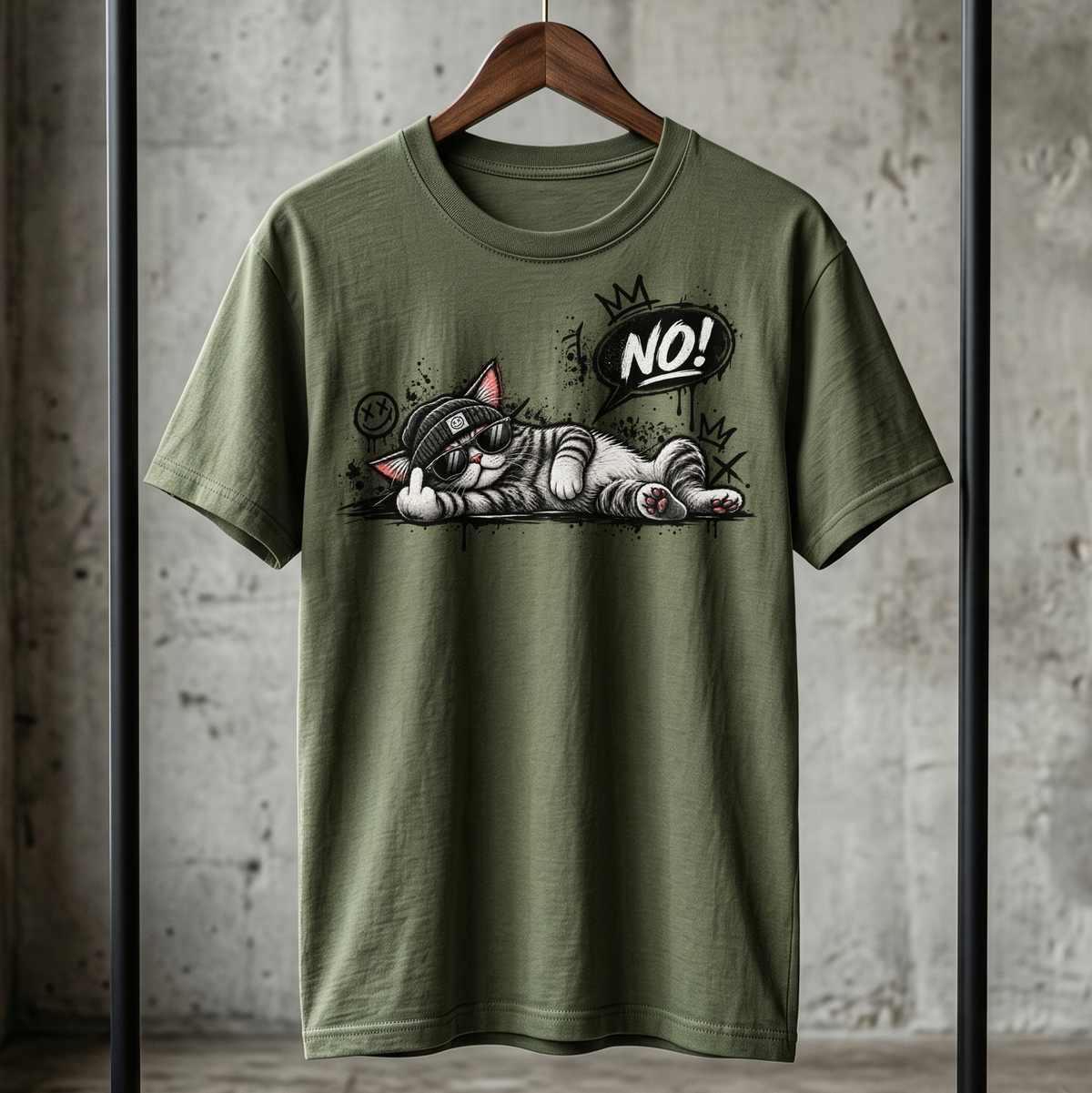Lustiges Katzen T-Shirt Damen Herren NO! Katze Mittelfinger Graffiti Streetwear Funshirt mit Sonnenbrille