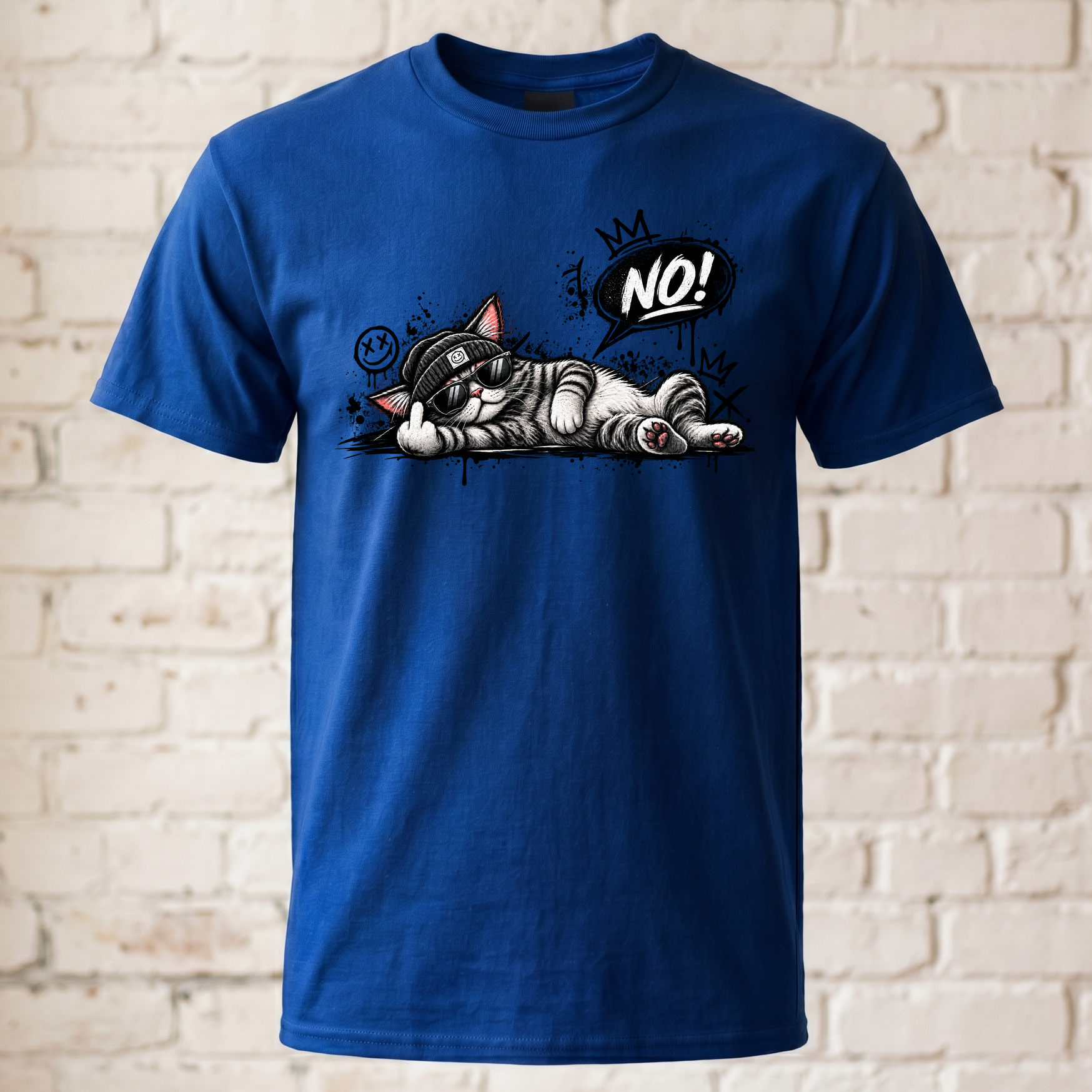 Lustiges Katzen T-Shirt Damen Herren NO! Katze Mittelfinger Graffiti Streetwear Funshirt mit Sonnenbrille