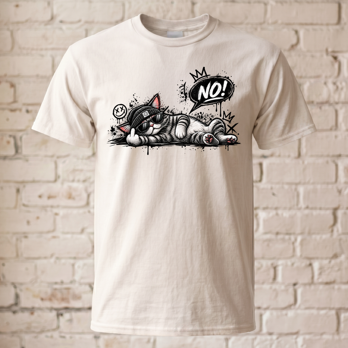 Lustiges Katzen T-Shirt Damen Herren NO! Katze Mittelfinger Graffiti Streetwear Funshirt mit Sonnenbrille