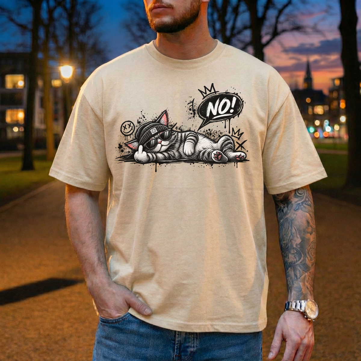 Lustiges Katzen T-Shirt Damen Herren NO! Katze Mittelfinger Graffiti Streetwear Funshirt mit Sonnenbrille