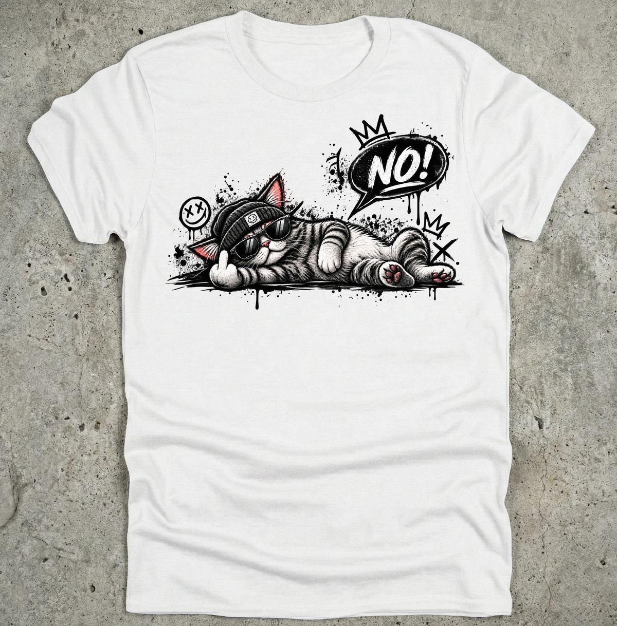 Lustiges Katzen T-Shirt Damen Herren NO! Katze Mittelfinger Graffiti Streetwear Funshirt mit Sonnenbrille
