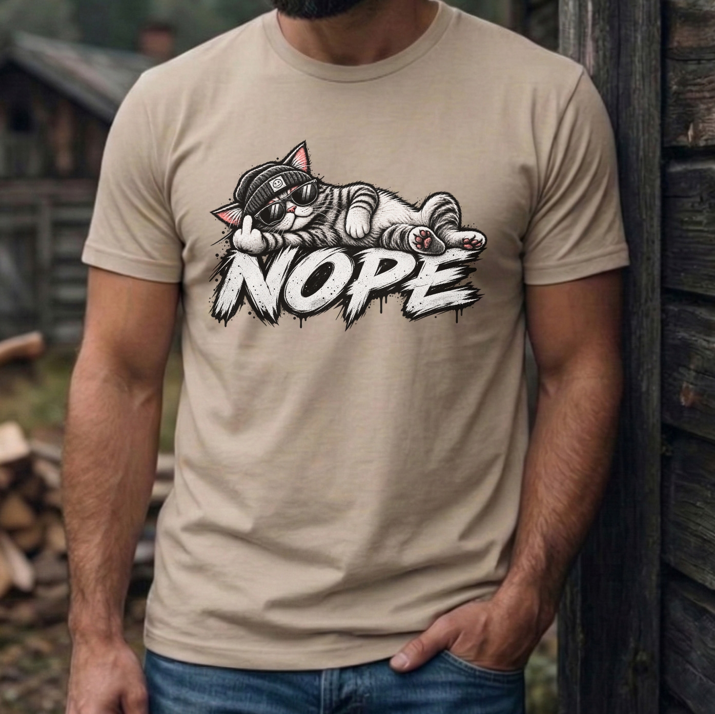 Nope Katze T-Shirt lustig, coole Cat Grafik mit Sonnenbrille & Beanie, sarkastisches Katzen Shirt Unisex