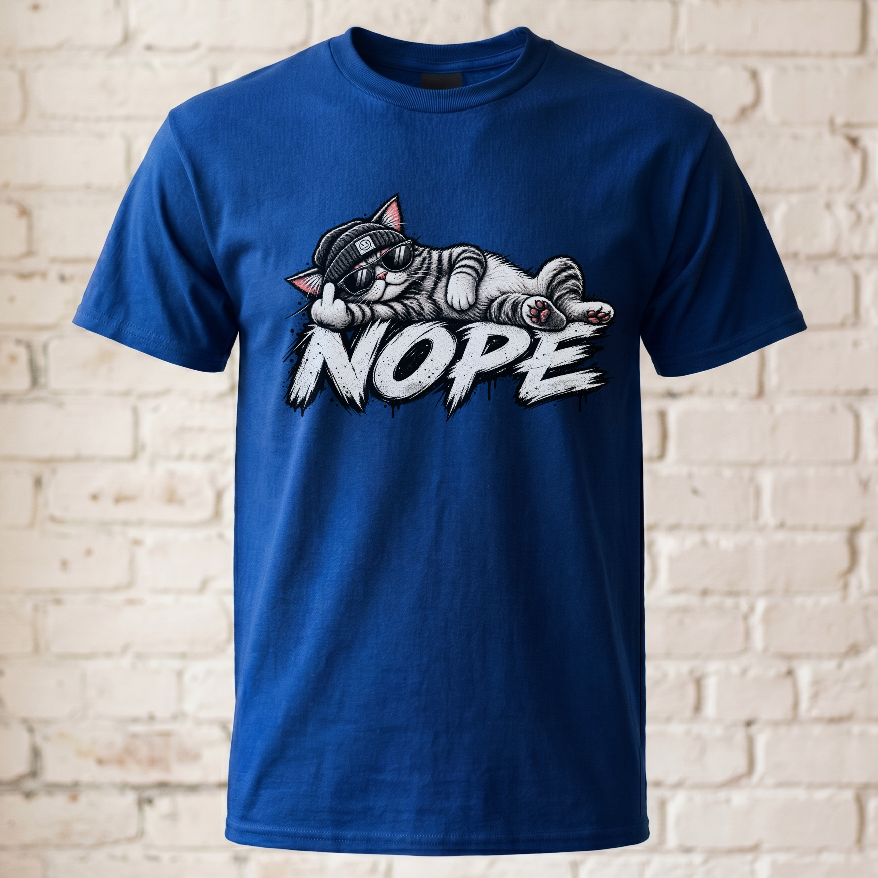 Nope Katze T-Shirt lustig, coole Cat Grafik mit Sonnenbrille & Beanie, sarkastisches Katzen Shirt Unisex