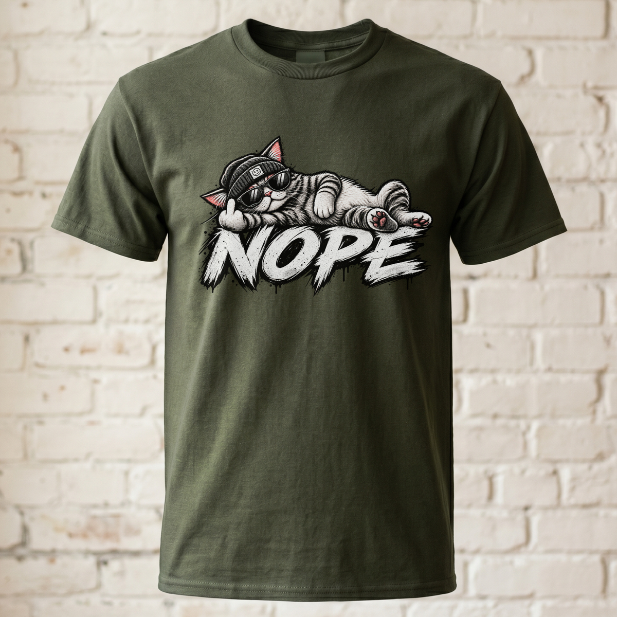 Nope Katze T-Shirt lustig, coole Cat Grafik mit Sonnenbrille & Beanie, sarkastisches Katzen Shirt Unisex