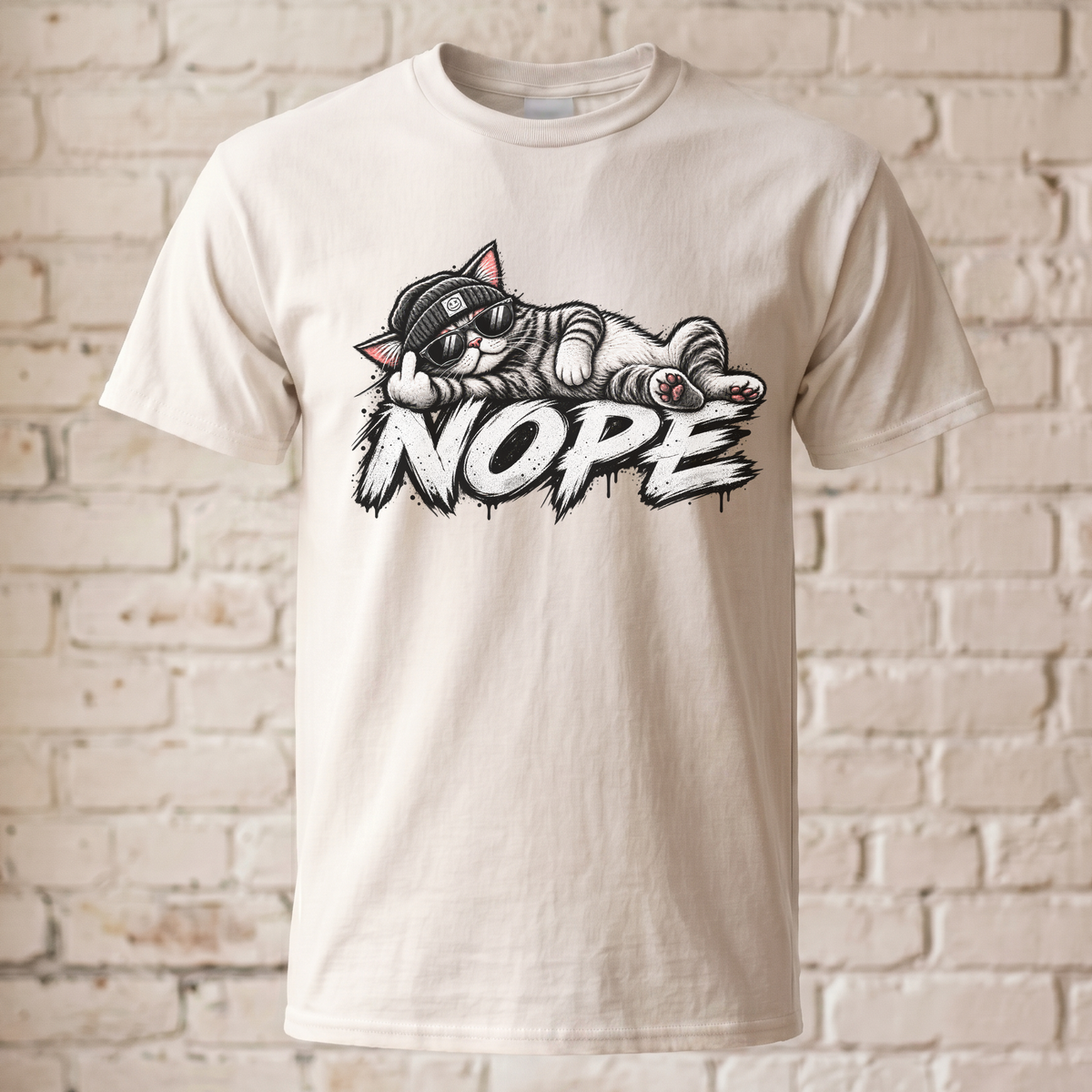 Nope Katze T-Shirt lustig, coole Cat Grafik mit Sonnenbrille & Beanie, sarkastisches Katzen Shirt Unisex