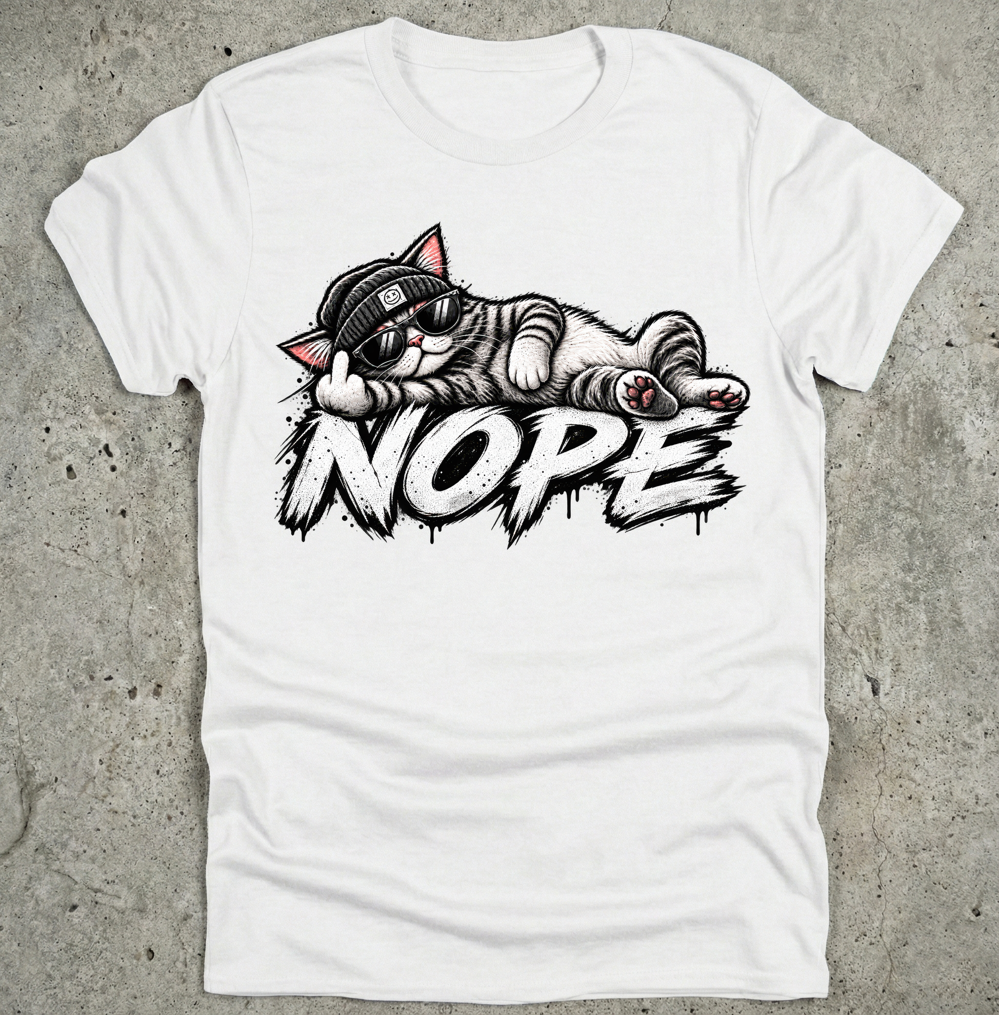 Nope Katze T-Shirt lustig, coole Cat Grafik mit Sonnenbrille & Beanie, sarkastisches Katzen Shirt Unisex