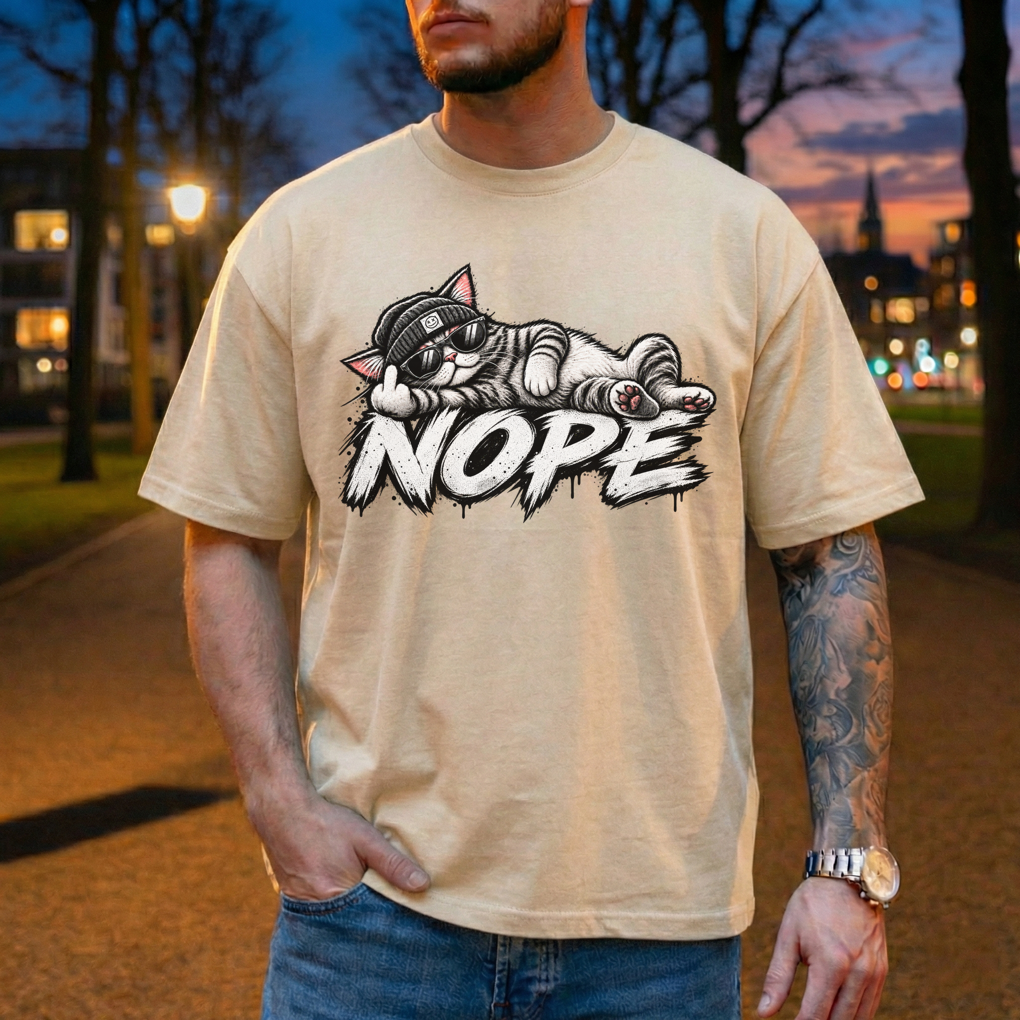 Nope Katze T-Shirt lustig, coole Cat Grafik mit Sonnenbrille & Beanie, sarkastisches Katzen Shirt Unisex