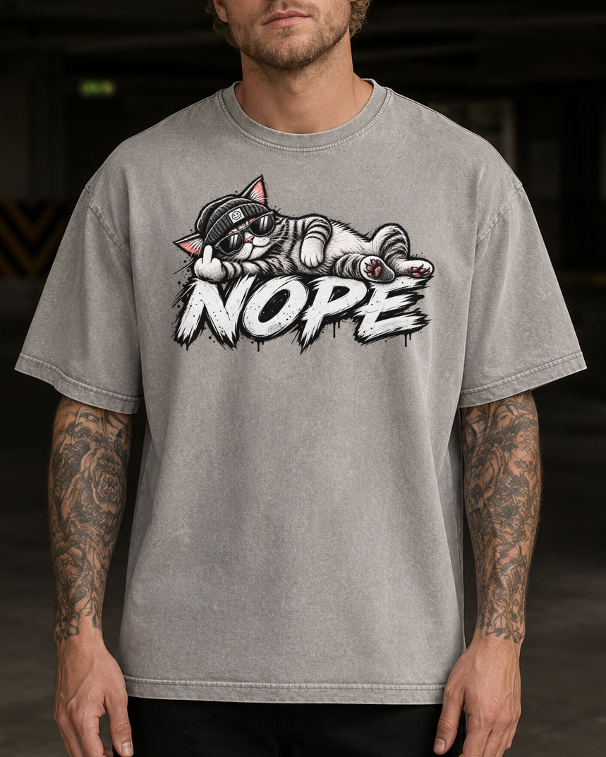 Nope Katze T-Shirt Oversized Vintage Washed, Lustiges Katzen Shirt mit Sonnenbrille, Sarkasmus Spruch Unisex