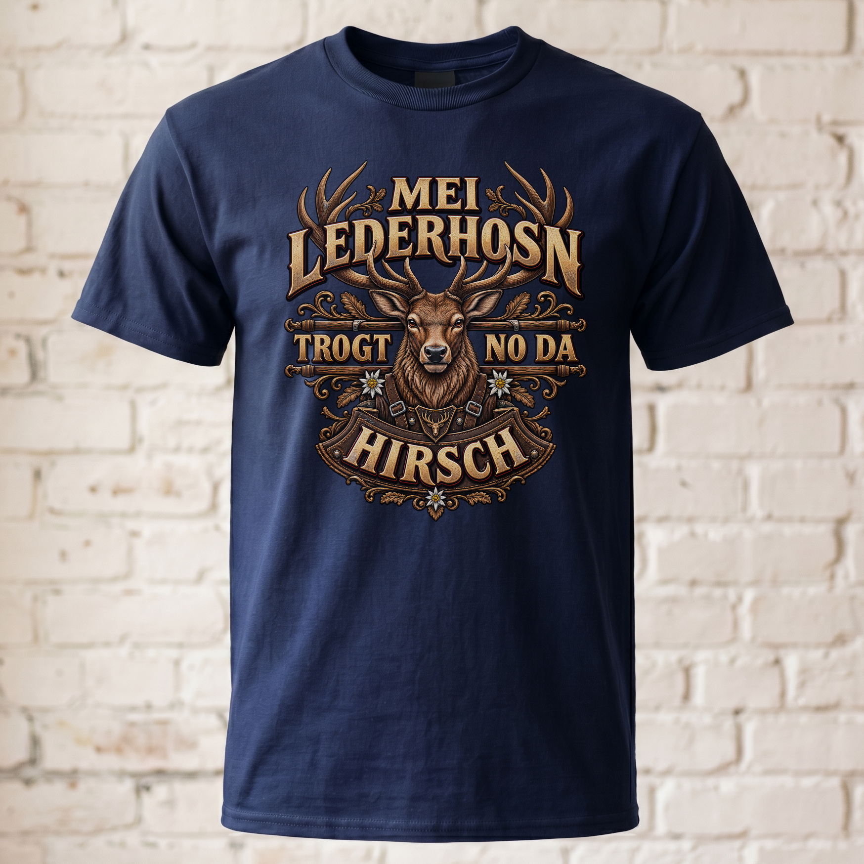 Mei Lederhosn trogt no da Hirsch T-Shirt Herren Oktoberfest Hirsch Motiv Trachten Shirt Bayern Geschenk