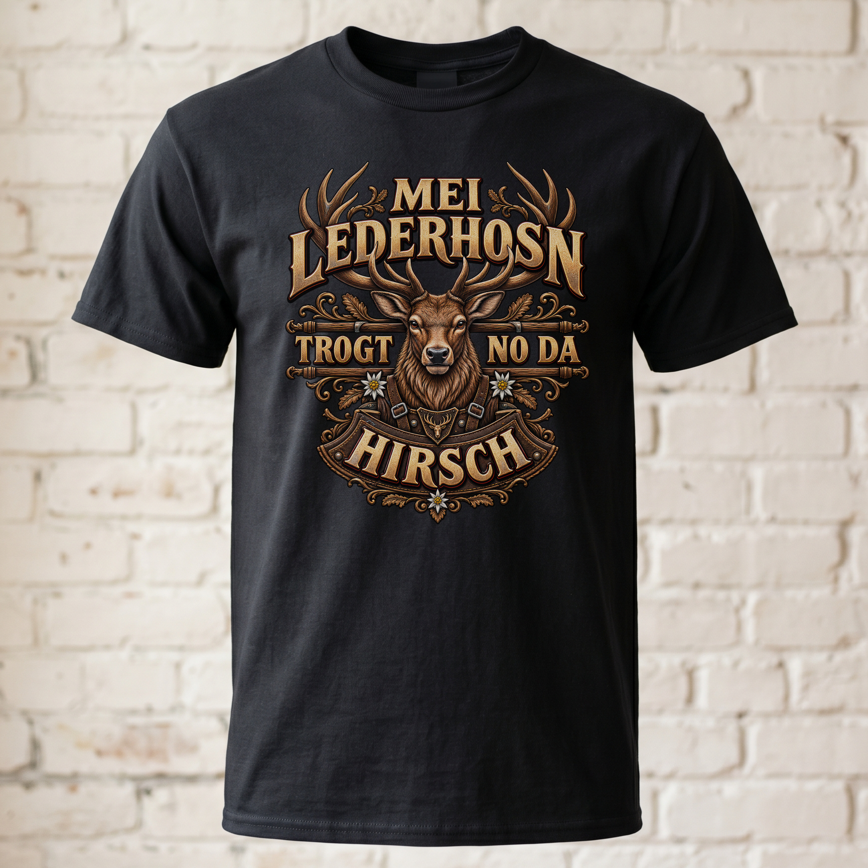 Mei Lederhosn trogt no da Hirsch T-Shirt Herren Oktoberfest Hirsch Motiv Trachten Shirt Bayern Geschenk