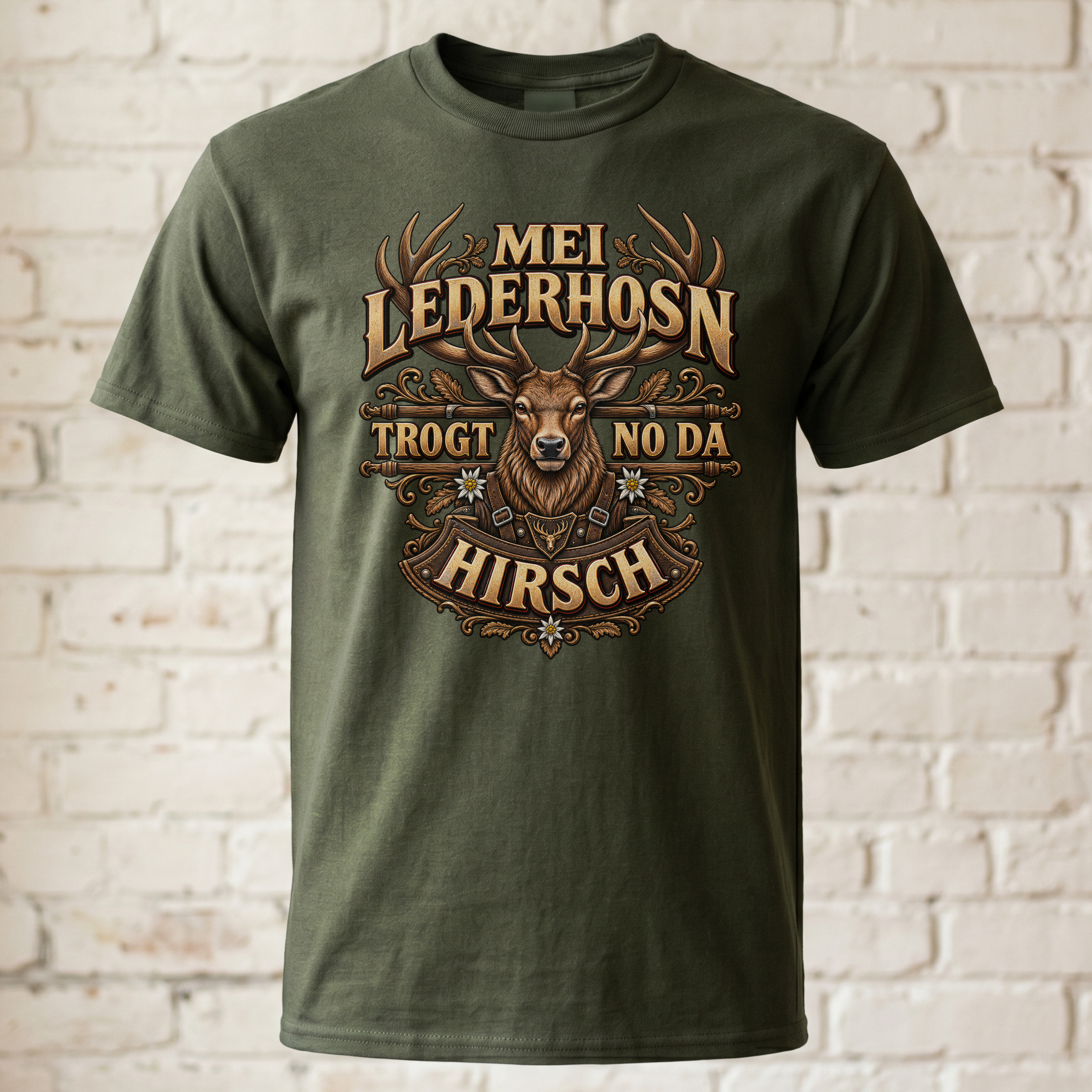 Mei Lederhosn trogt no da Hirsch T-Shirt Herren Oktoberfest Hirsch Motiv Trachten Shirt Bayern Geschenk