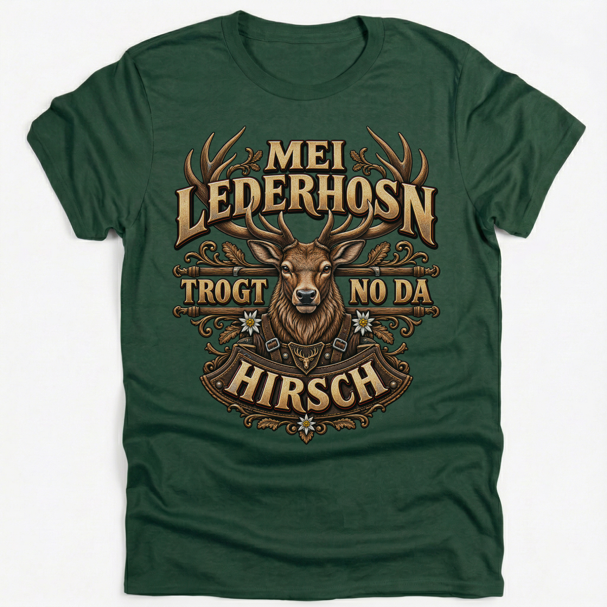 Mei Lederhosn trogt no da Hirsch T-Shirt Herren Oktoberfest Hirsch Motiv Trachten Shirt Bayern Geschenk