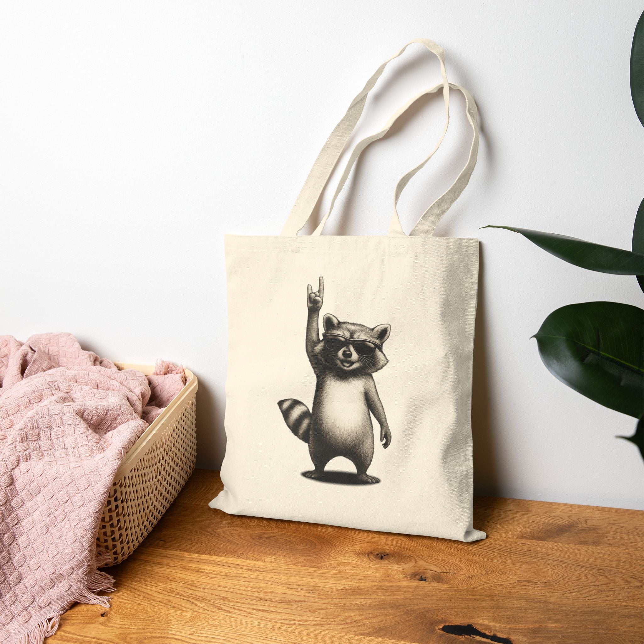 Rock Waschbär Jutebeutel Schwarz – Lustiger Stoffbeutel mit Metal & Rock 'n' Roll Motiv – Baumwolltasche für Festivals, Einkäufe & Alltag