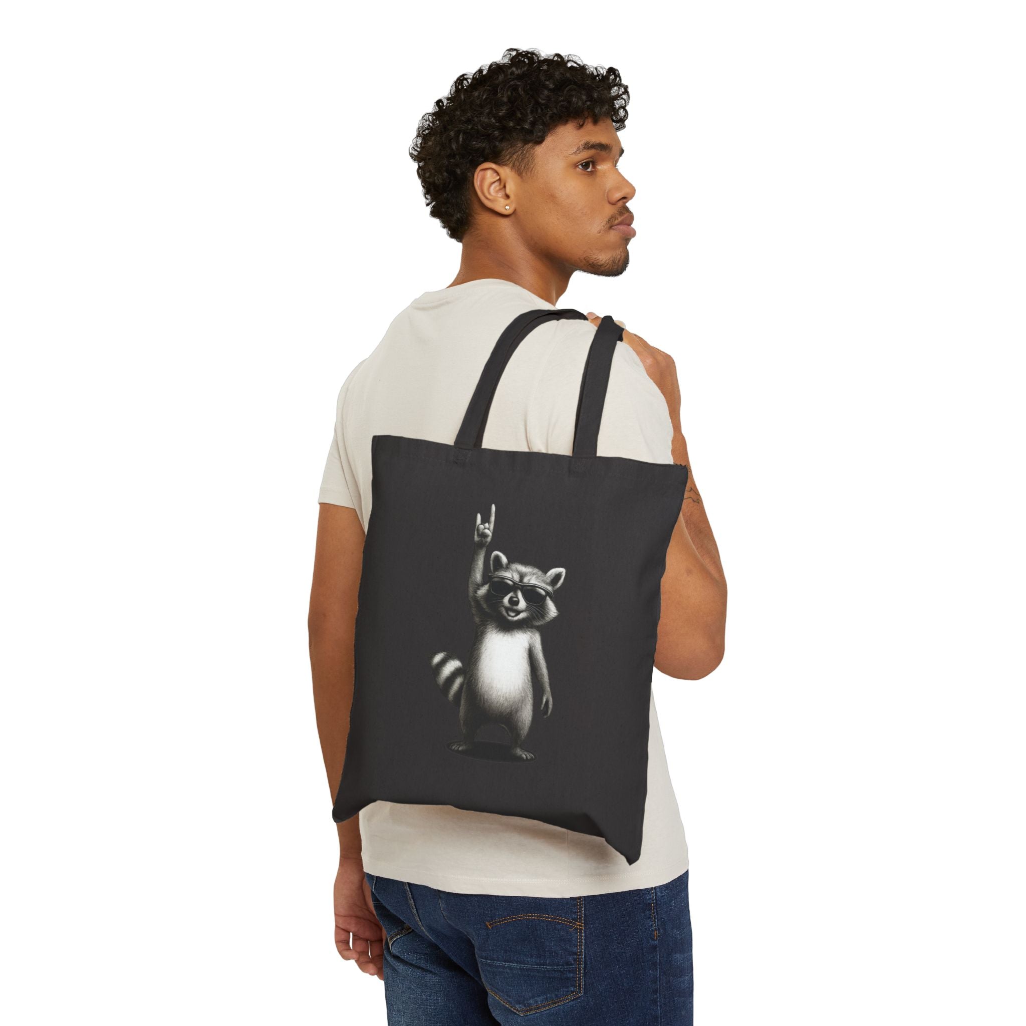 Rock Waschbär Jutebeutel Schwarz – Lustiger Stoffbeutel mit Metal & Rock 'n' Roll Motiv – Baumwolltasche für Festivals, Einkäufe & Alltag