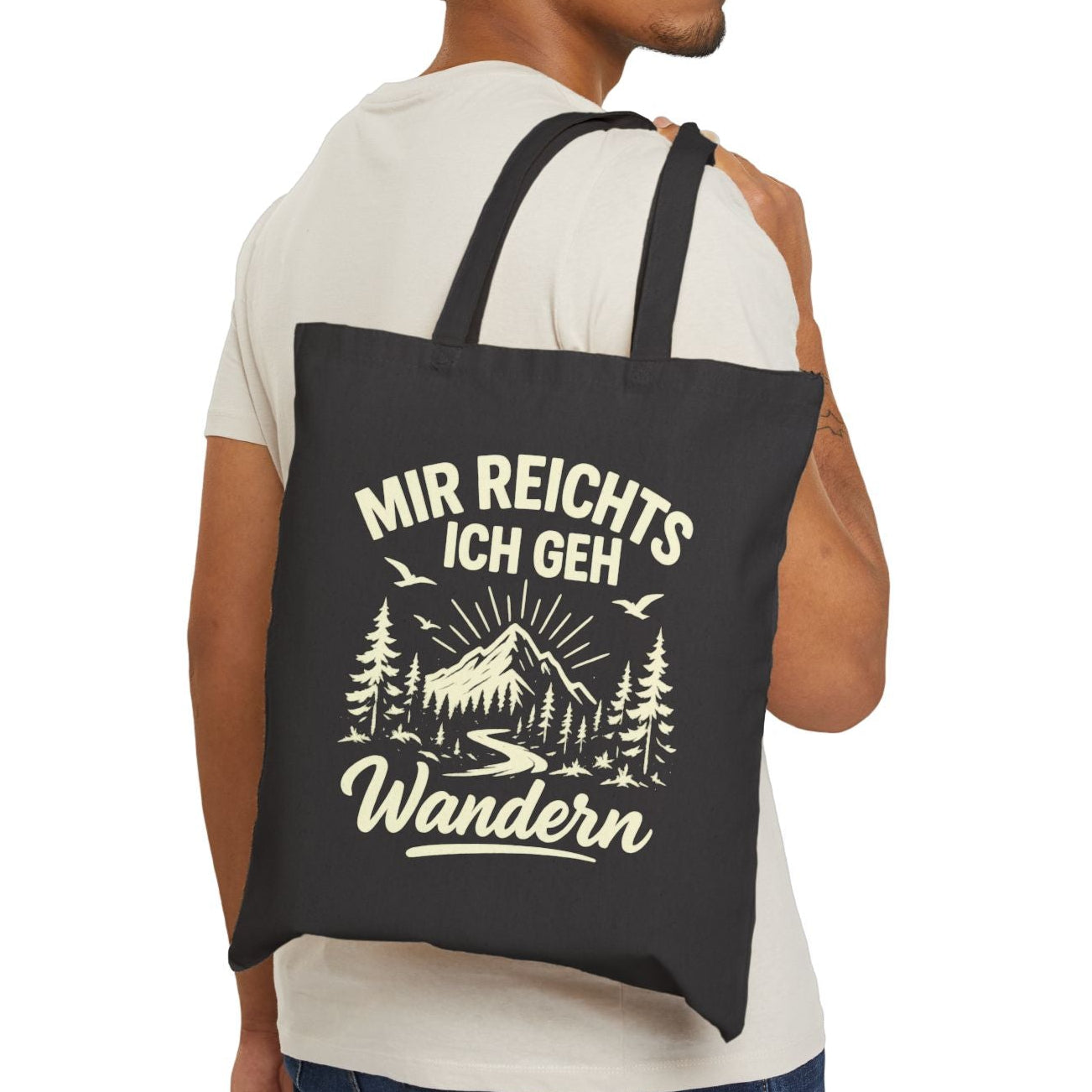 "Mir reichts ich geh wandern" Lustiger Jutebeutel mit Berge-Motiv – Witzige Baumwolltasche für Outdoor & Hiking – Stoffbeutel Schwarz