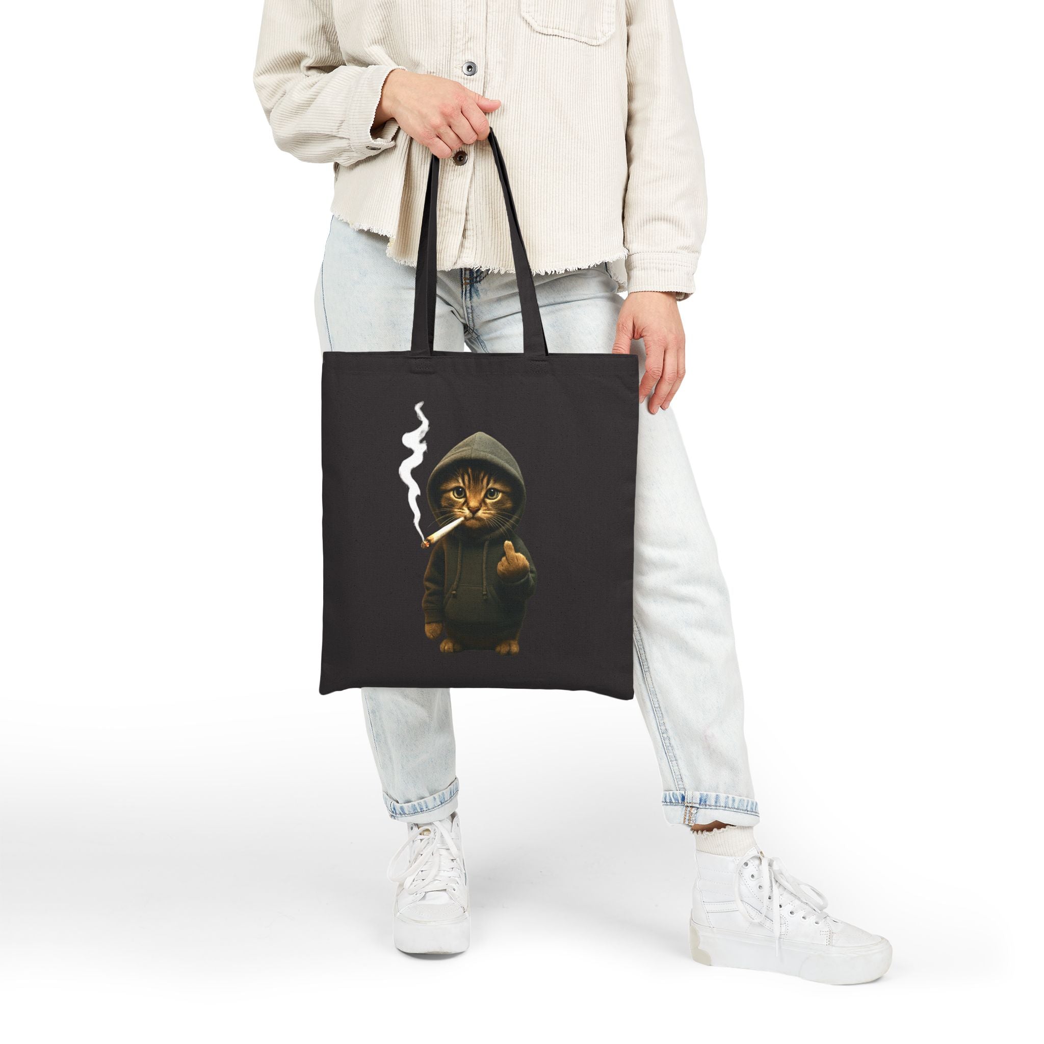 "Bad Cat" Lustiger Jutebeutel mit Katze im Hoodie & Mittelfinger – Witzige Baumwolltasche – Edgy Streetwear Stoffbeutel Schwarz