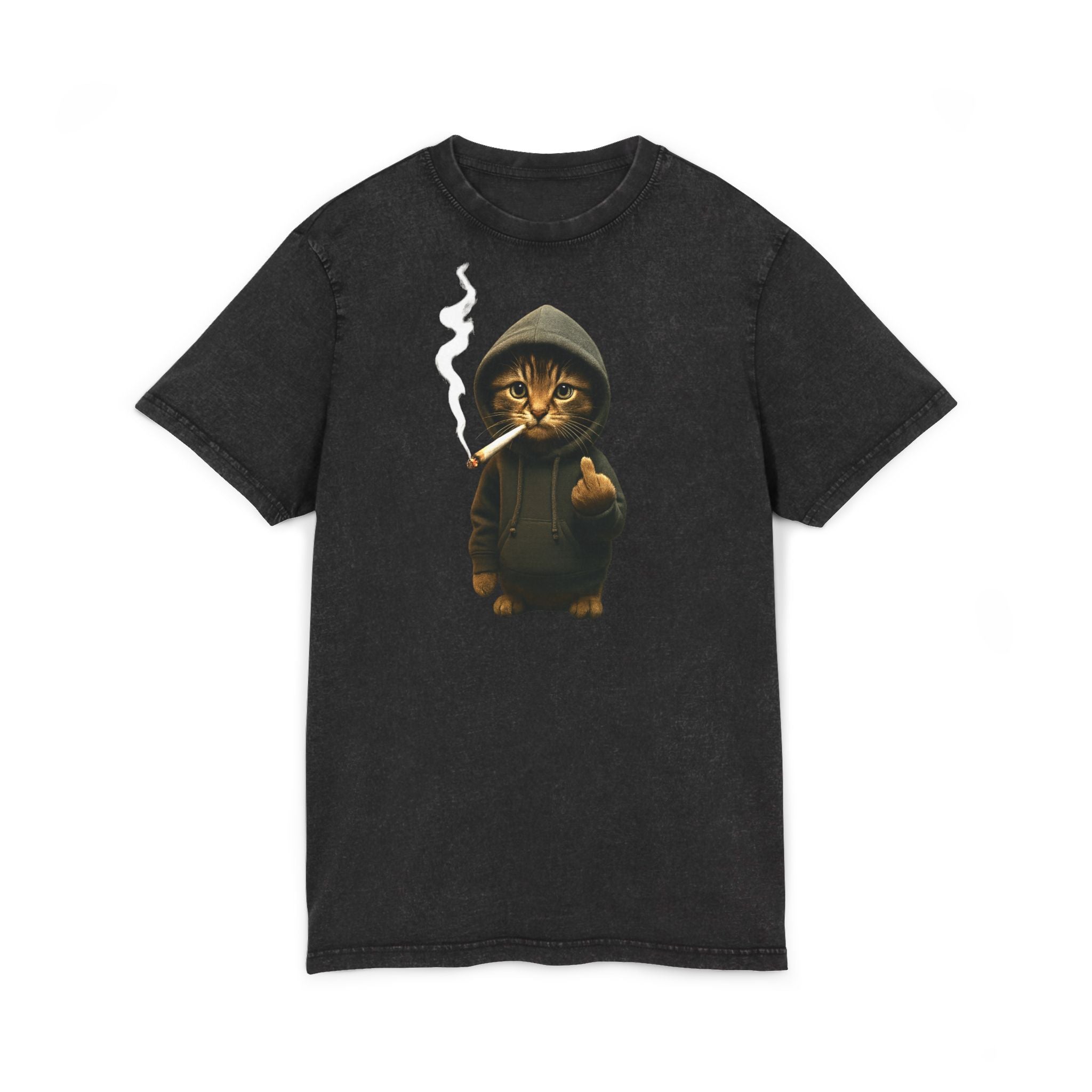 "Bad Cat" Lustiges Vintage T-Shirt mit Katze im Hoodie & Mittelfinger – Witziges Shirt in Acid Wash Grau – Edgy Streetwear Funshirt
