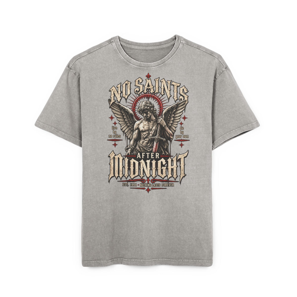 No Saints After Midnight Oversized Vintage T-Shirt – Acid Wash Gothic Engel Graphic Shirt – Heavy Metal Streetwear Oberteil – Washed