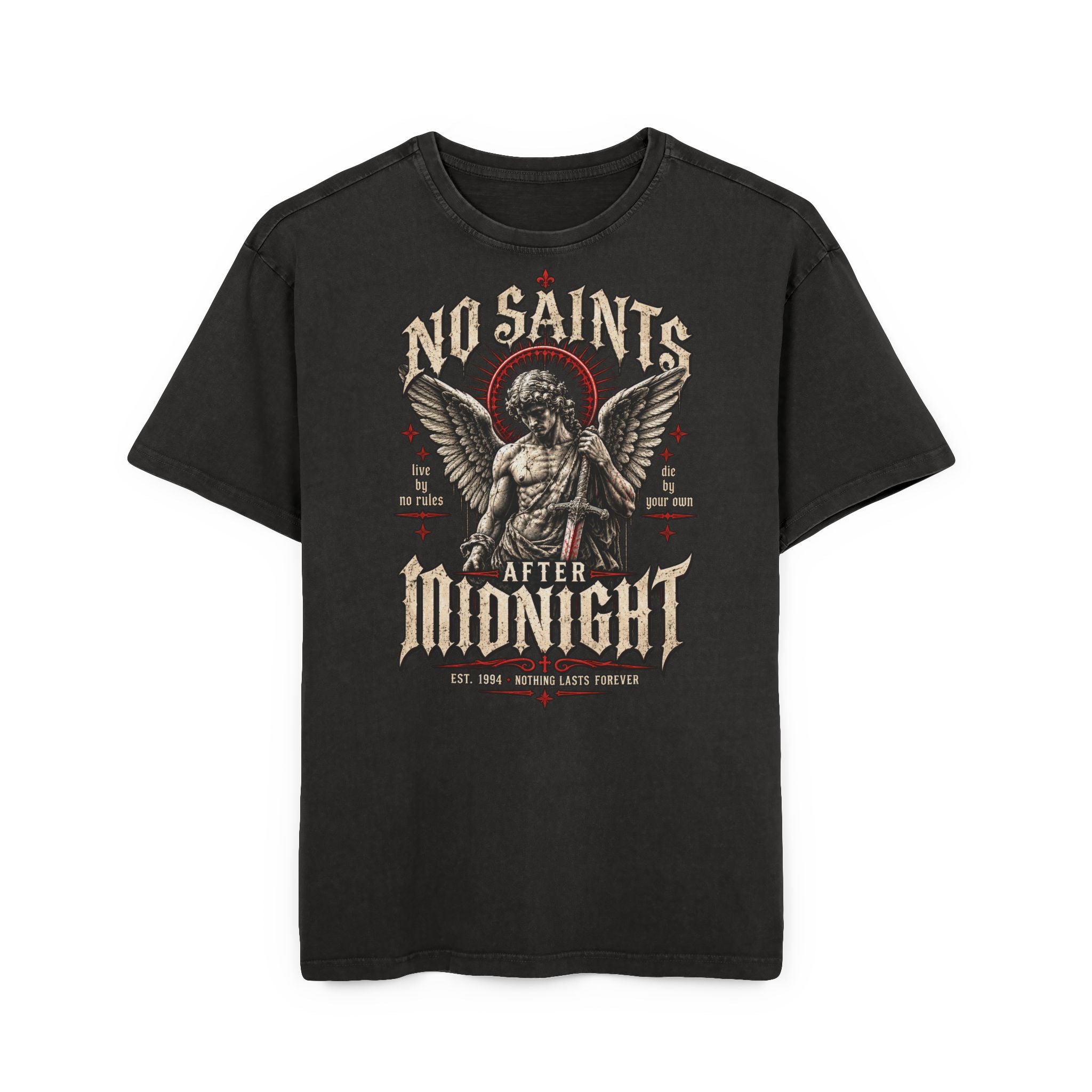 No Saints After Midnight Oversized Vintage T-Shirt – Acid Wash Gothic Engel Graphic Shirt – Heavy Metal Streetwear Oberteil – Washed