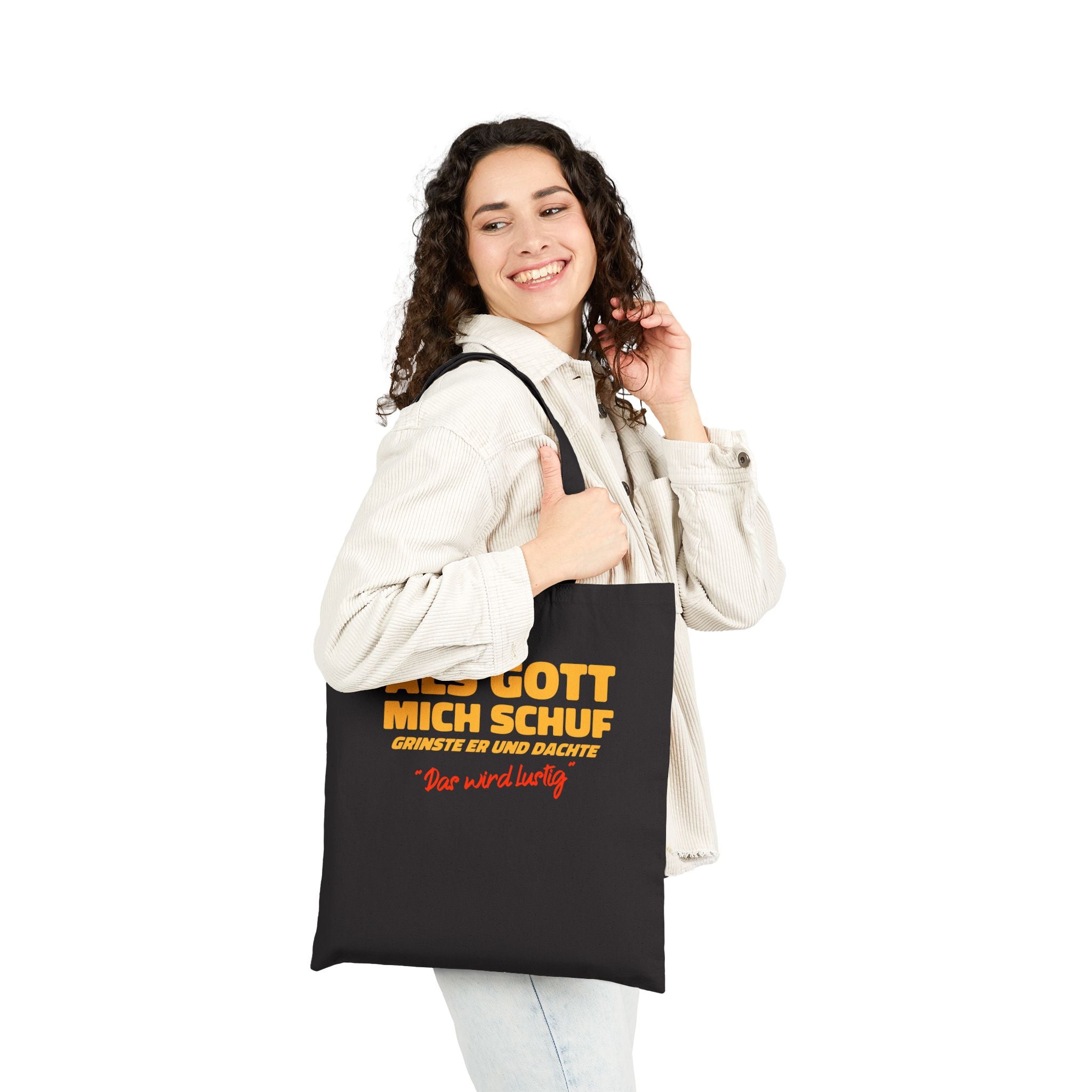 "Als Gott mich schuf..." Lustiger Jutebeutel mit Spruch – Witzige Baumwolltasche & Stoffbeutel – Humorvolle Geschenkidee Schwarz